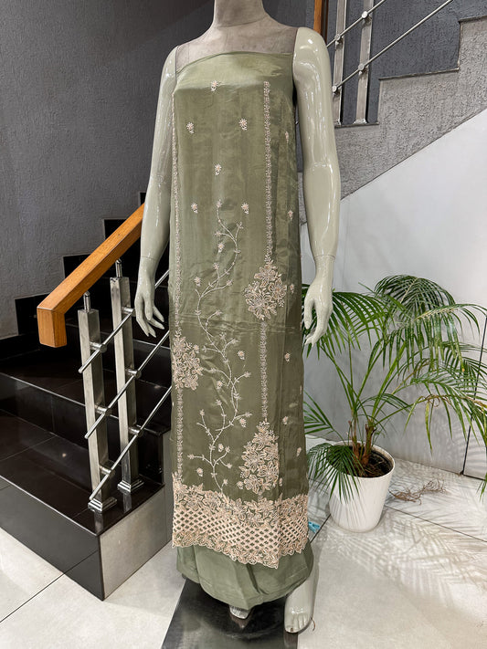 Olive Green Shimmer Unstitched Churidar Set with Embroidered Chinon Dupatta | Premium Festive Fabric