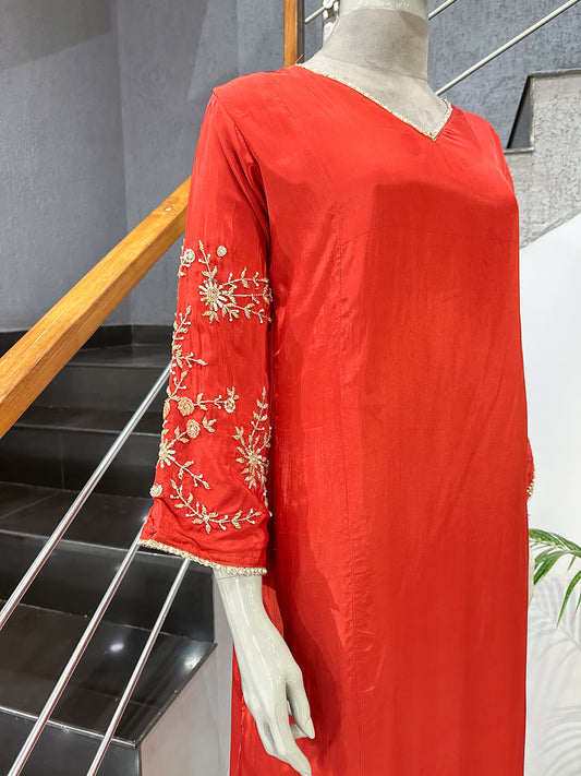 Burnt Orange Premium Crepe Party Wear Churidar Set with Embroidered Sleeves & Elegant Dupatta for Women