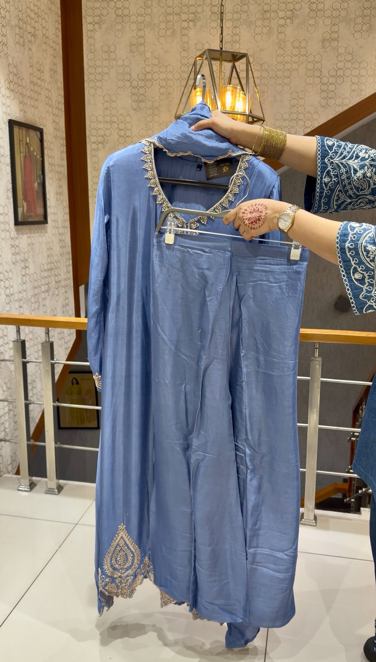 SHOWOFF WOMEN Premium Handworked Poly Crepe Anarkali Palazzo Set with Dupatta – Ivory | Mint Green | Rose Pink | Dusty Blue