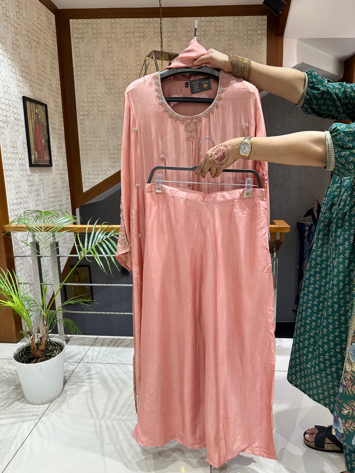 SHOWOFF WOMEN Premium Russian Silk Designer Churidar Set with Handwork, Russian Silk Dupatta & Santoon Palazzo | Party Wear Ethnic Collection