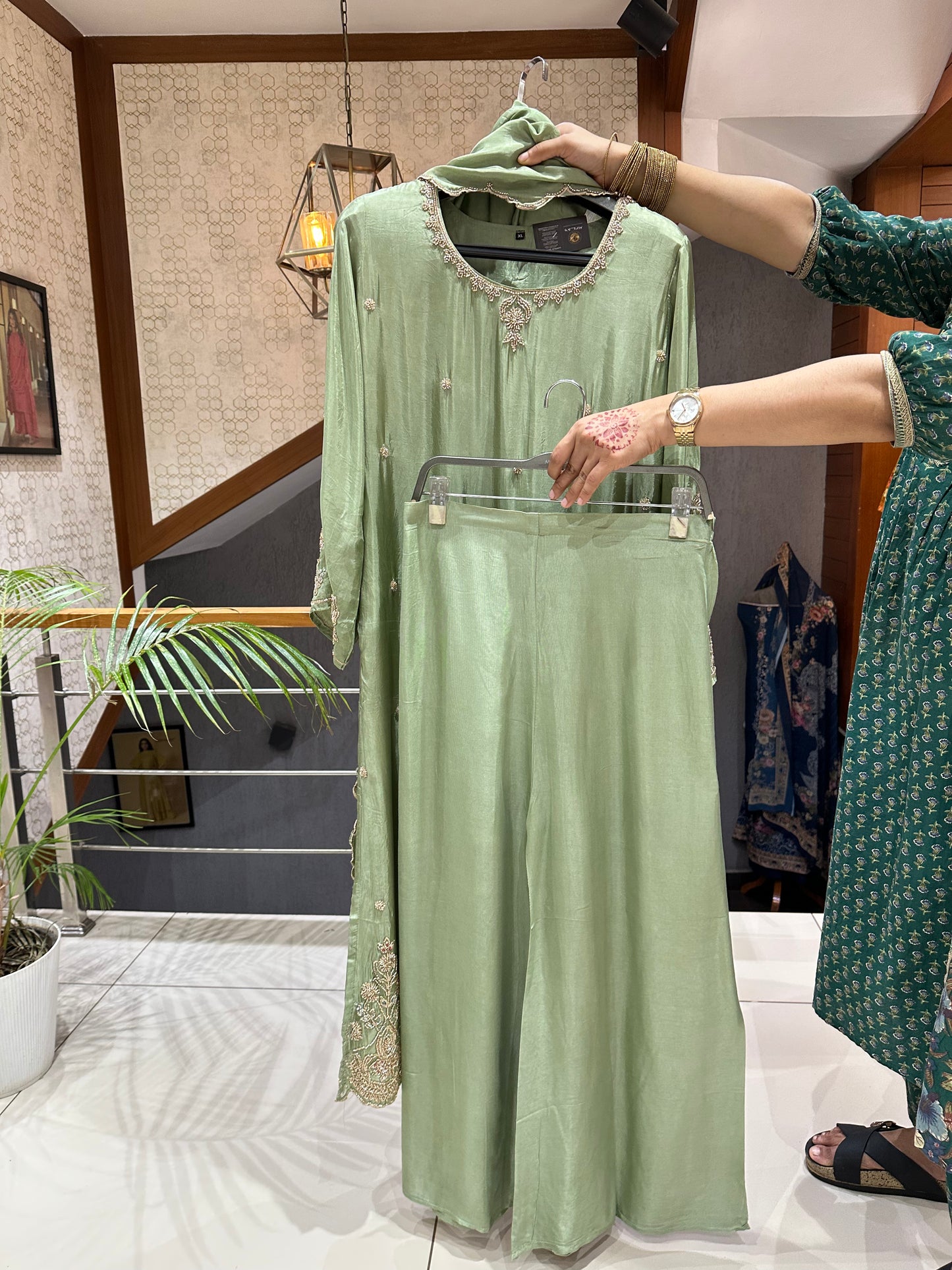 SHOWOFF WOMEN Premium Russian Silk Designer Churidar Set with Handwork, Russian Silk Dupatta & Santoon Palazzo | Party Wear Ethnic Collection