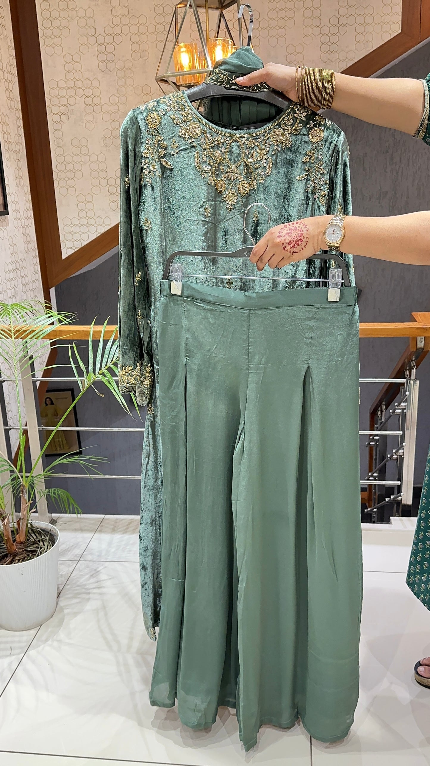 SHOWOFF WOMEN Premium Velvet Designer Churidar Set with Handwork, Organza Dupatta & Palazzo – BRICK Red & Sage Green