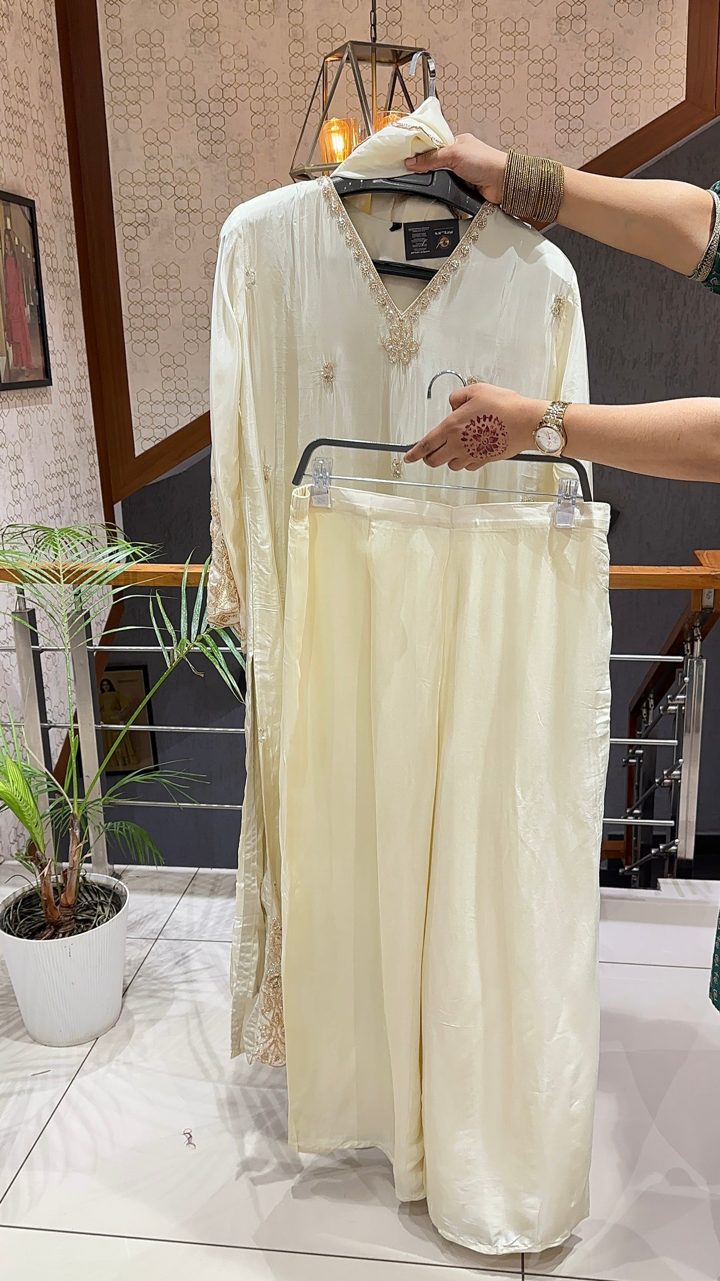 SHOWOFF WOMEN Premium Russian Silk Designer Churidar Set with Handwork, Santoon Palazzo & Russian Silk Dupatta – Wine, Sky Blue & Ivory