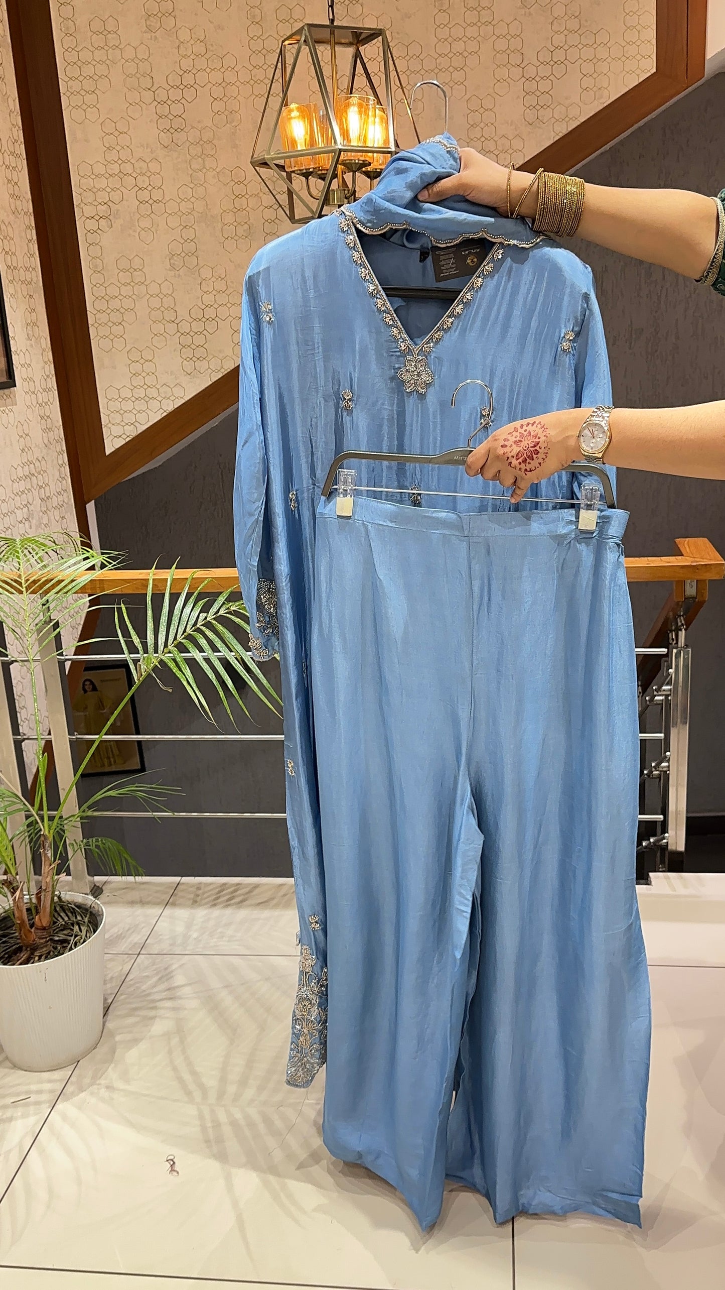 SHOWOFF WOMEN Premium Russian Silk Designer Churidar Set with Handwork, Santoon Palazzo & Russian Silk Dupatta – Wine, Sky Blue & Ivory