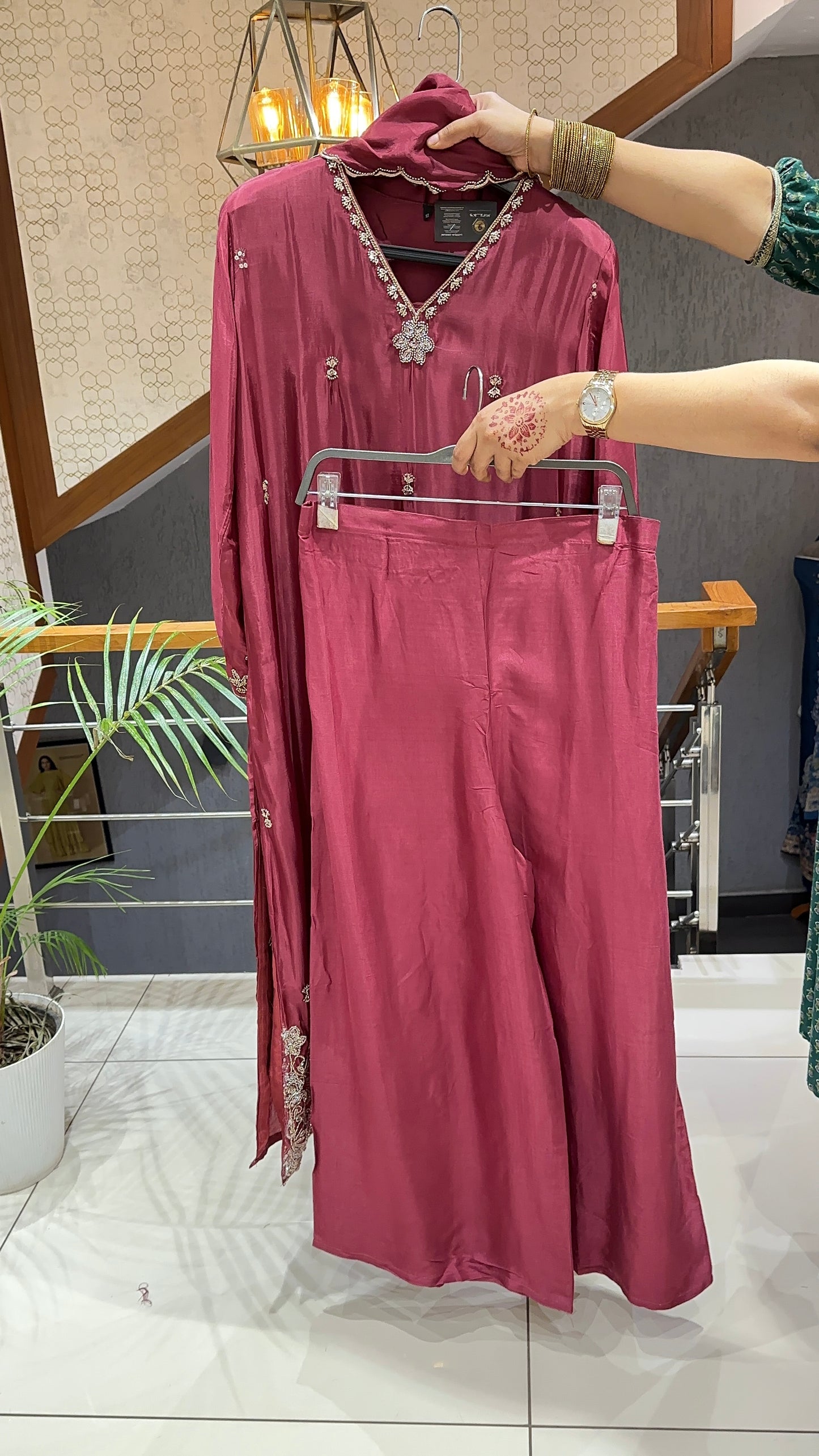 SHOWOFF WOMEN Premium Russian Silk Designer Churidar Set with Handwork, Santoon Palazzo & Russian Silk Dupatta – Wine, Sky Blue & Ivory
