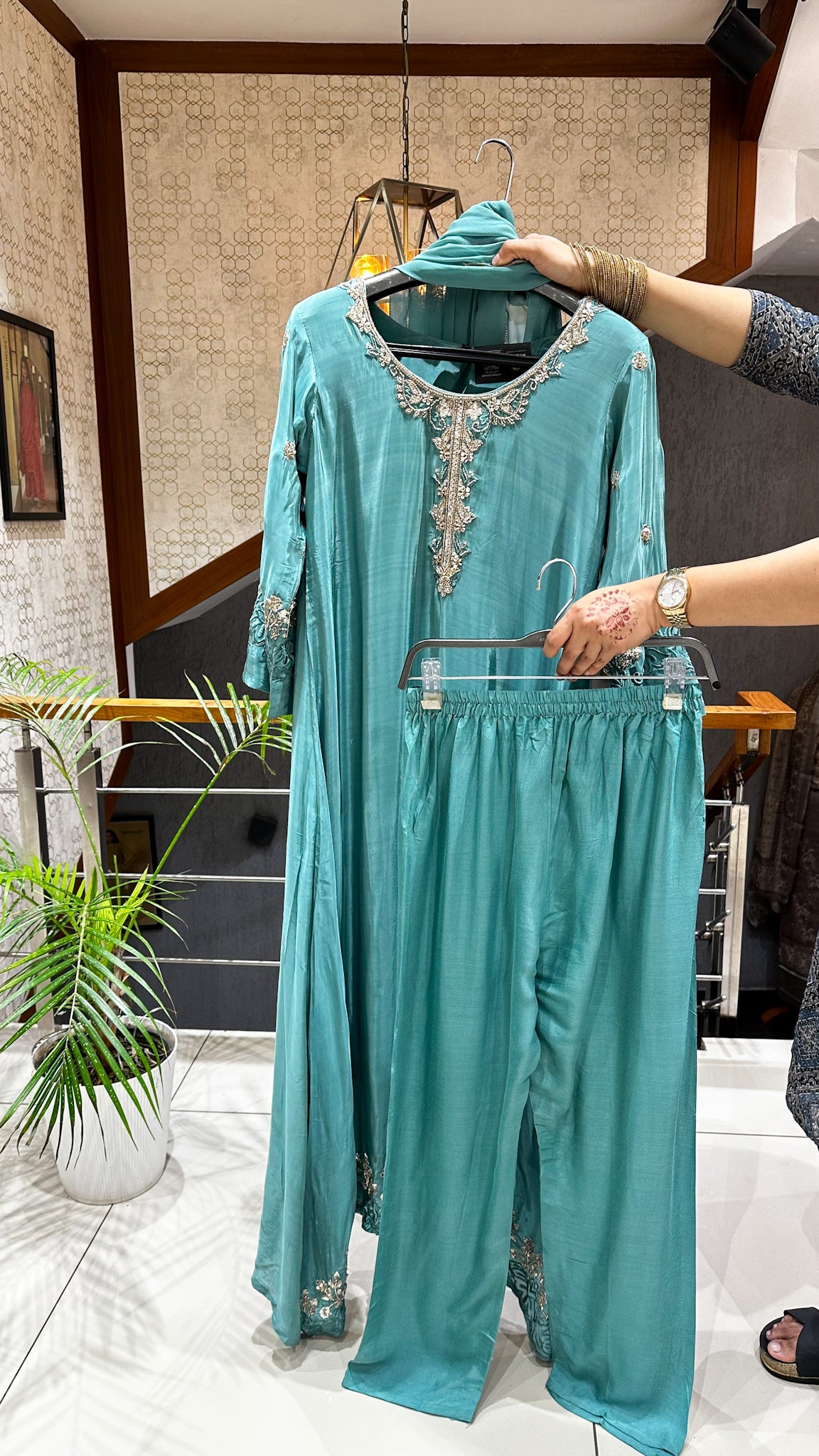 SHOWOFF WOMEN Premium Crepe Silk Designer Churidar Set with Handwork & Embroidered Chiffon Dupatta | Party Wear Palazzo Suit