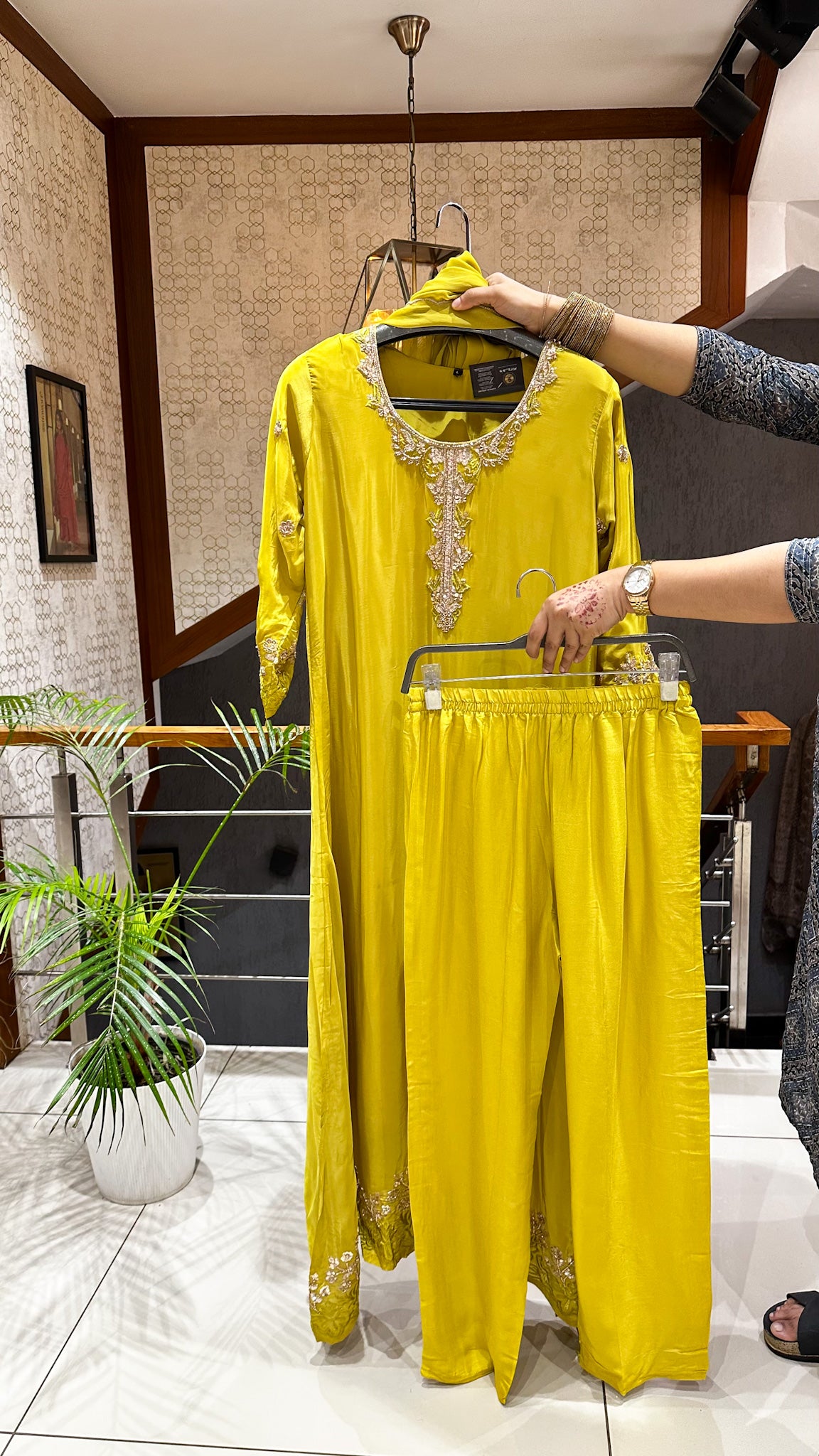 SHOWOFF WOMEN Premium Crepe Silk Designer Churidar Set with Handwork & Embroidered Chiffon Dupatta | Party Wear Palazzo Suit