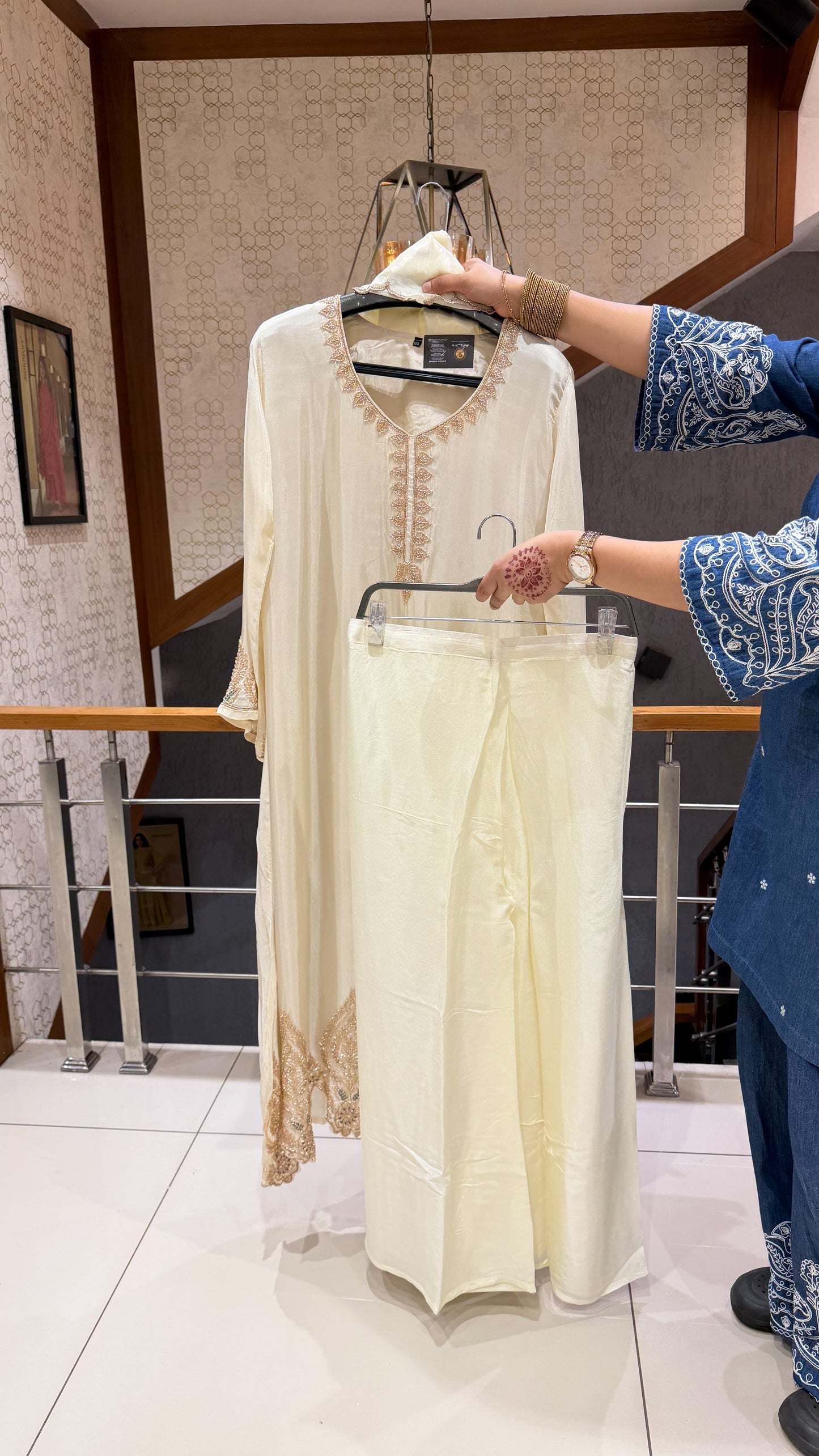 SHOWOFF WOMEN Premium Handworked Poly Crepe Anarkali Palazzo Set with Dupatta – Ivory | Mint Green | Rose Pink | Dusty Blue