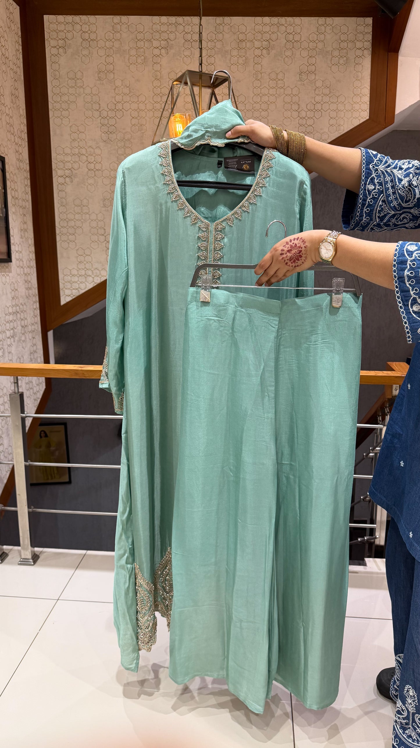 SHOWOFF WOMEN Premium Handworked Poly Crepe Anarkali Palazzo Set with Dupatta – Ivory | Mint Green | Rose Pink | Dusty Blue