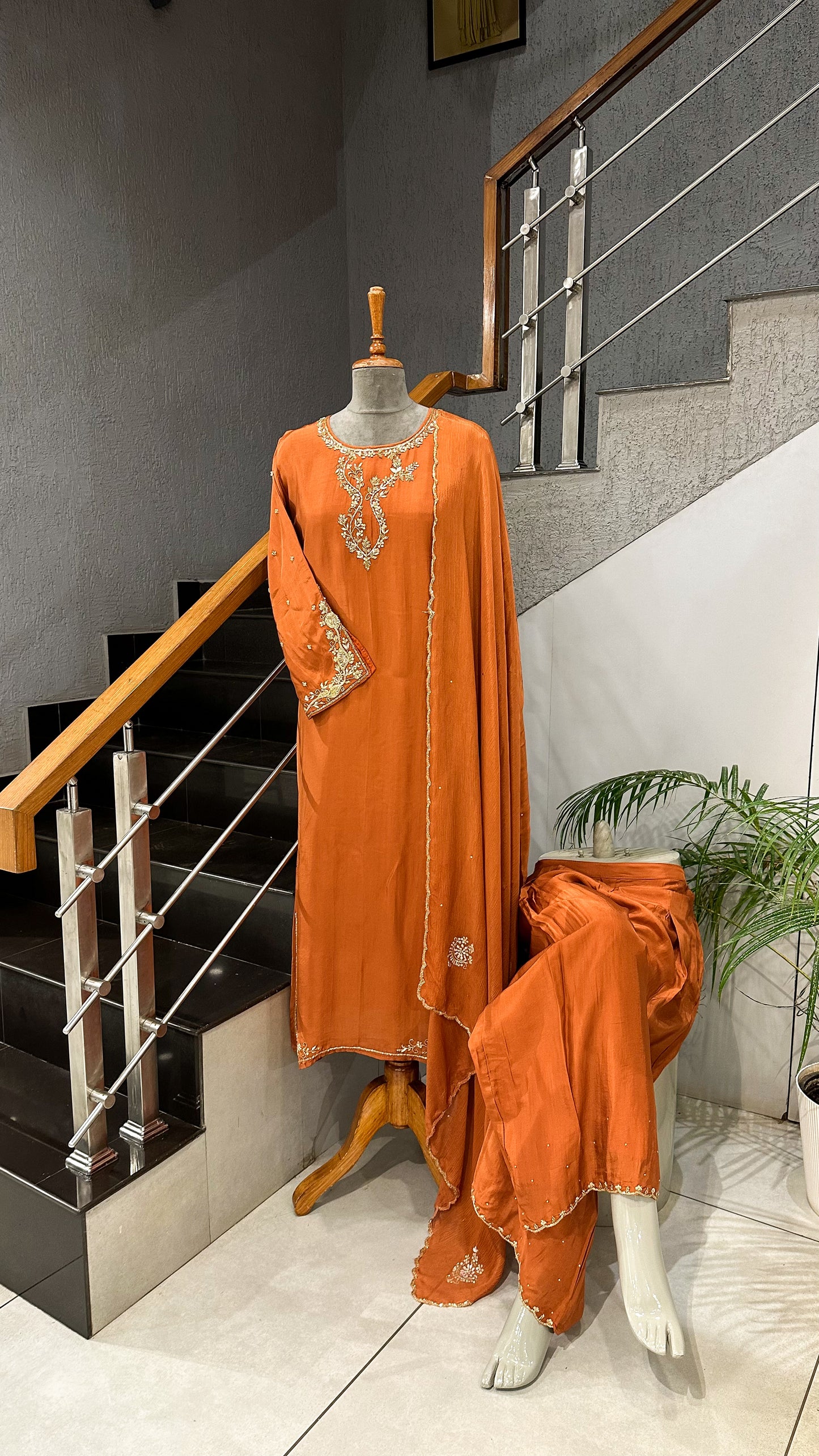 Elegant ORANGE CREPE SILK Churidar Set with Antique Handwork | Party Wear Salwar Suit