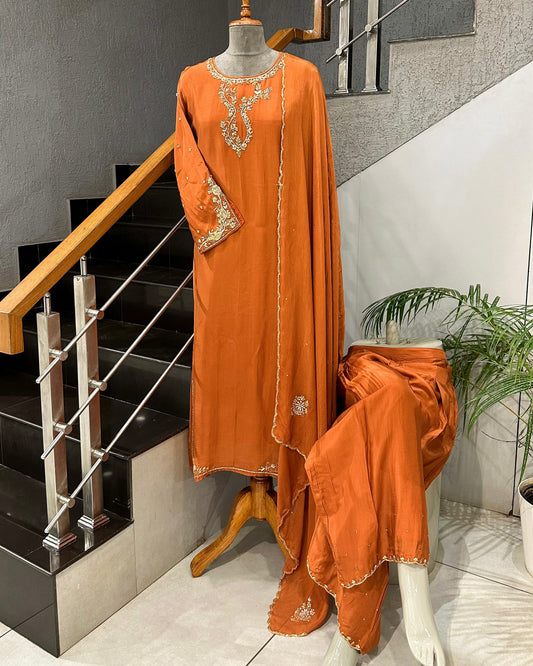 Elegant ORANGE CREPE SILK Churidar Set with Antique Handwork | Party Wear Salwar Suit