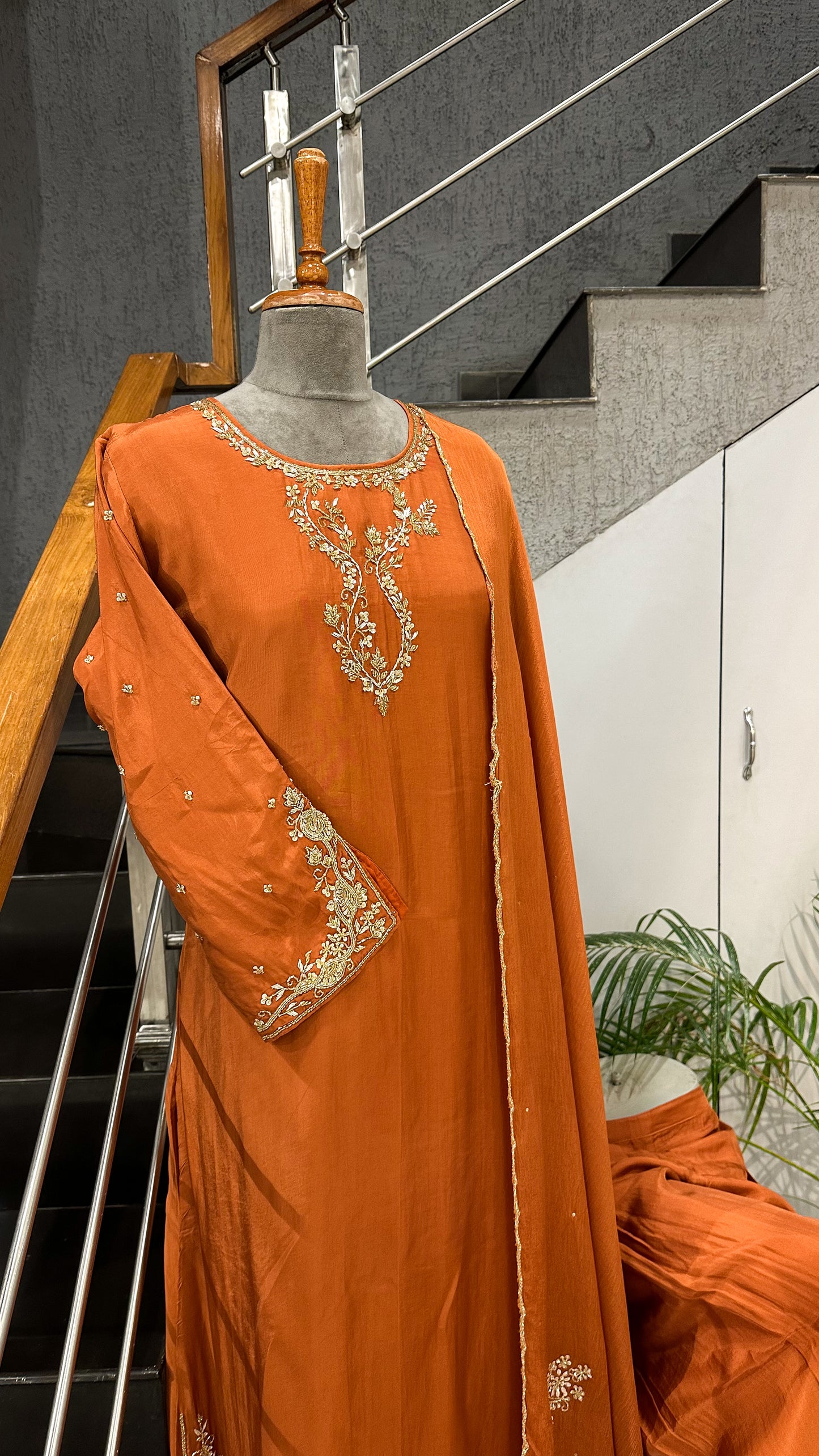 Elegant ORANGE CREPE SILK Churidar Set with Antique Handwork | Party Wear Salwar Suit
