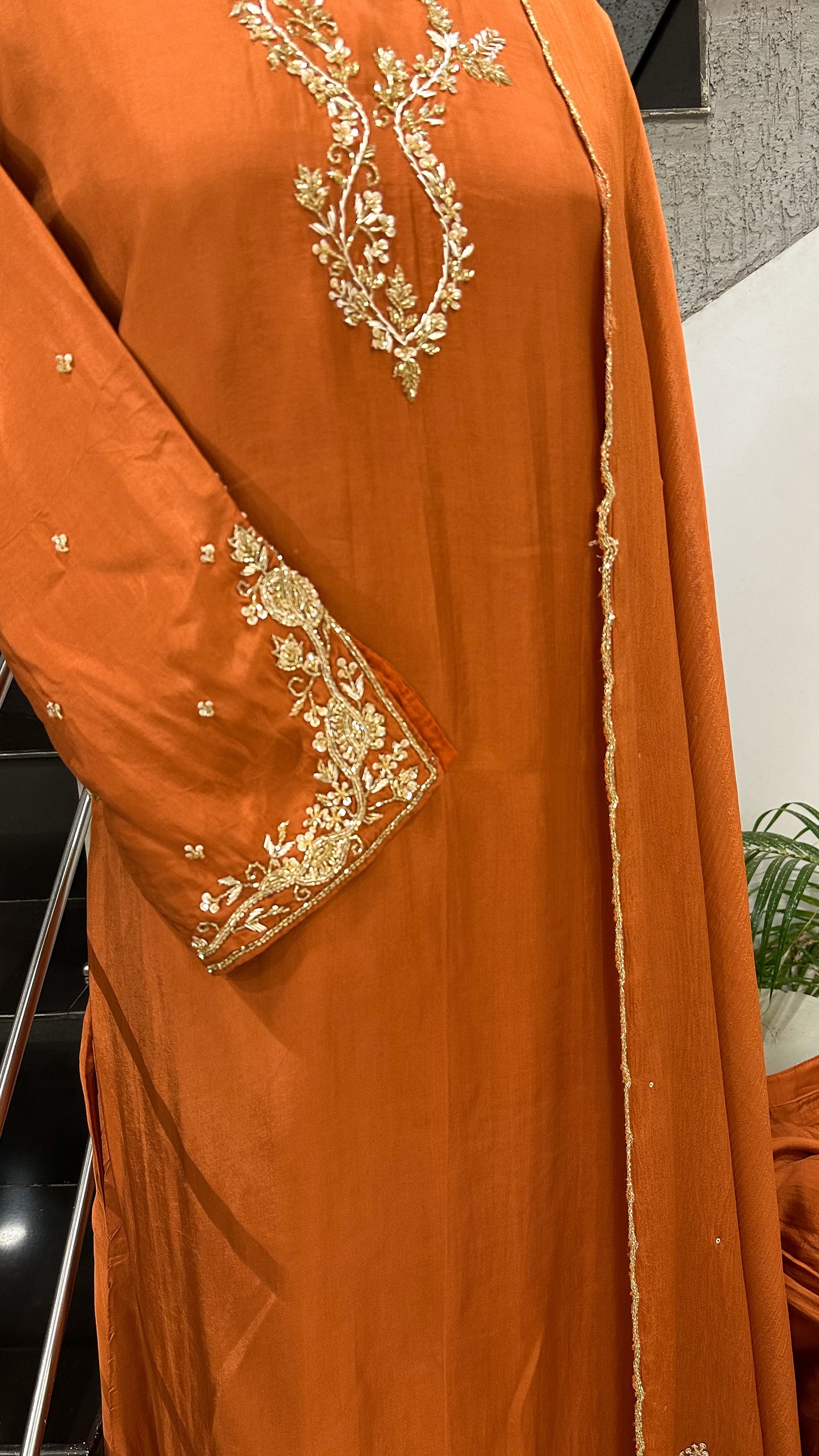Elegant ORANGE CREPE SILK Churidar Set with Antique Handwork | Party Wear Salwar Suit