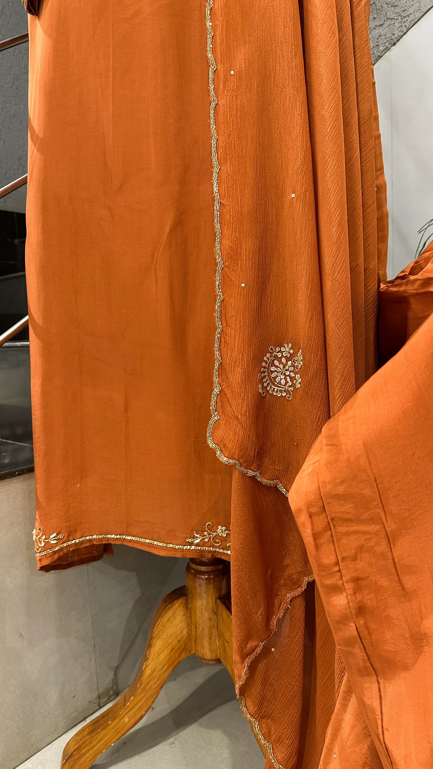 Elegant ORANGE CREPE SILK Churidar Set with Antique Handwork | Party Wear Salwar Suit