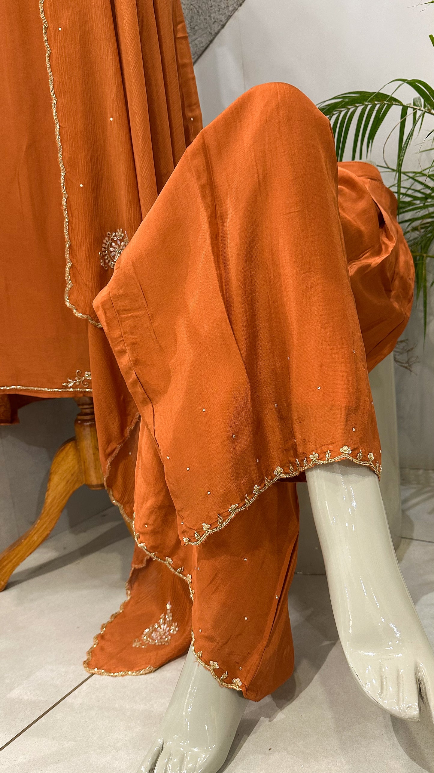 Elegant ORANGE CREPE SILK Churidar Set with Antique Handwork | Party Wear Salwar Suit