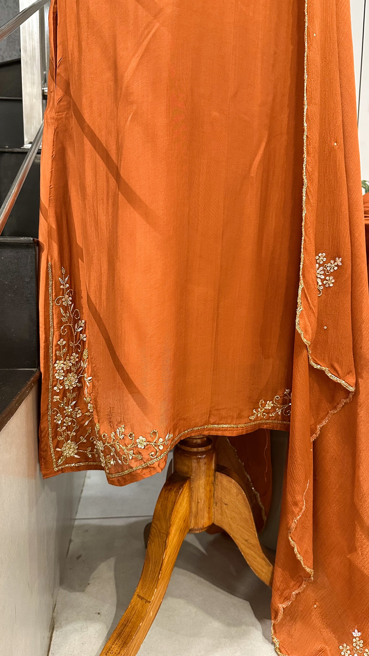 Elegant ORANGE CREPE SILK Churidar Set with Antique Handwork | Party Wear Salwar Suit