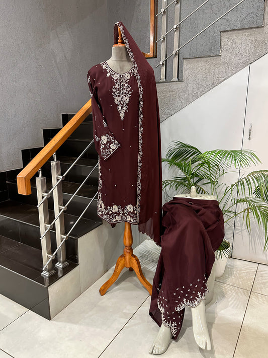 Elegant Maroon Handwork Churidar Set with Plazo & Chinon Dupatta | Party Wear Designer Suit