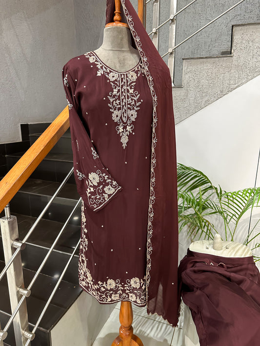 Elegant Maroon Handwork Churidar Set with Plazo & Chinon Dupatta | Party Wear Designer Suit