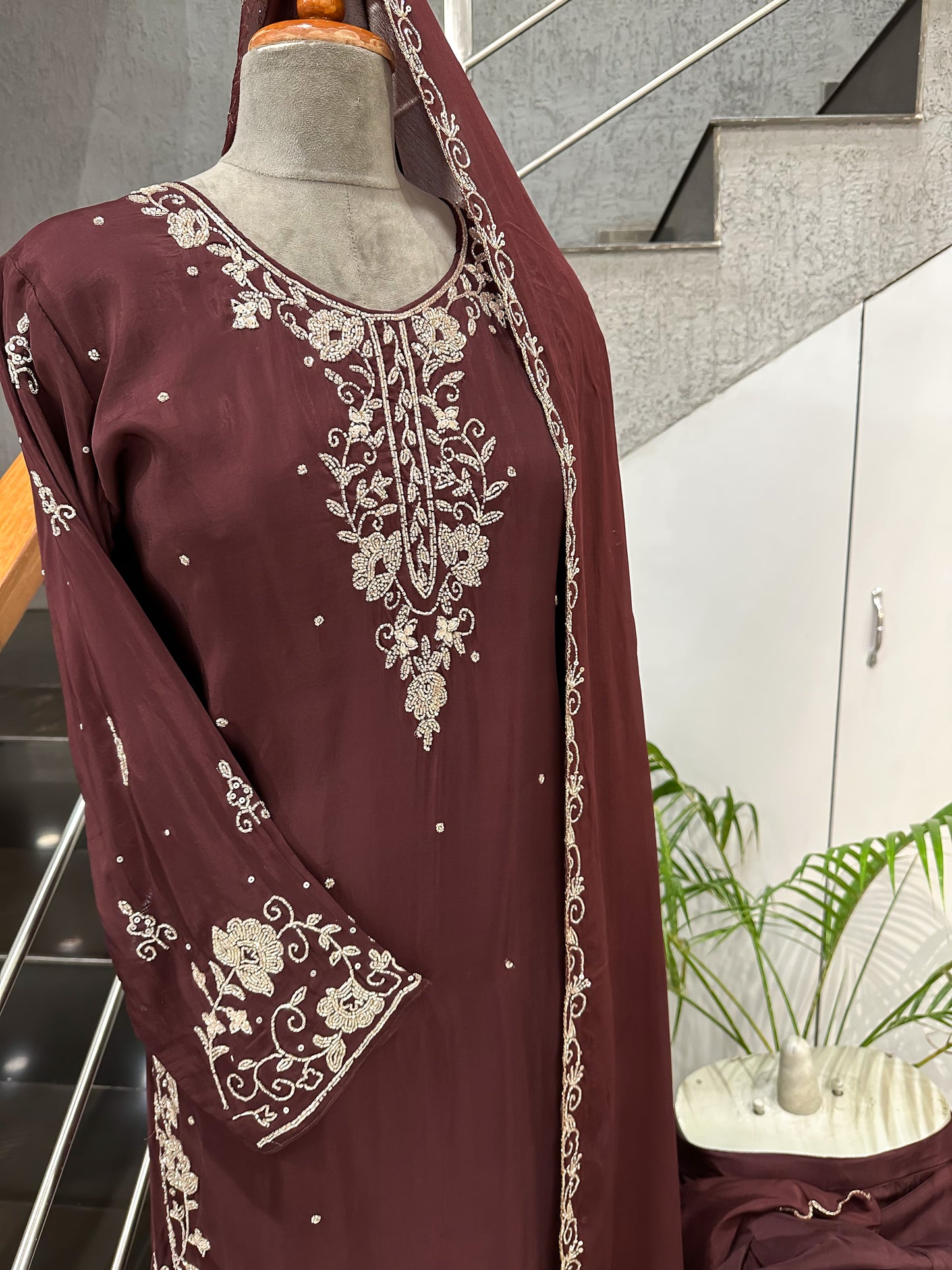 Elegant Maroon Handwork Churidar Set with Plazo & Chinon Dupatta | Party Wear Designer Suit