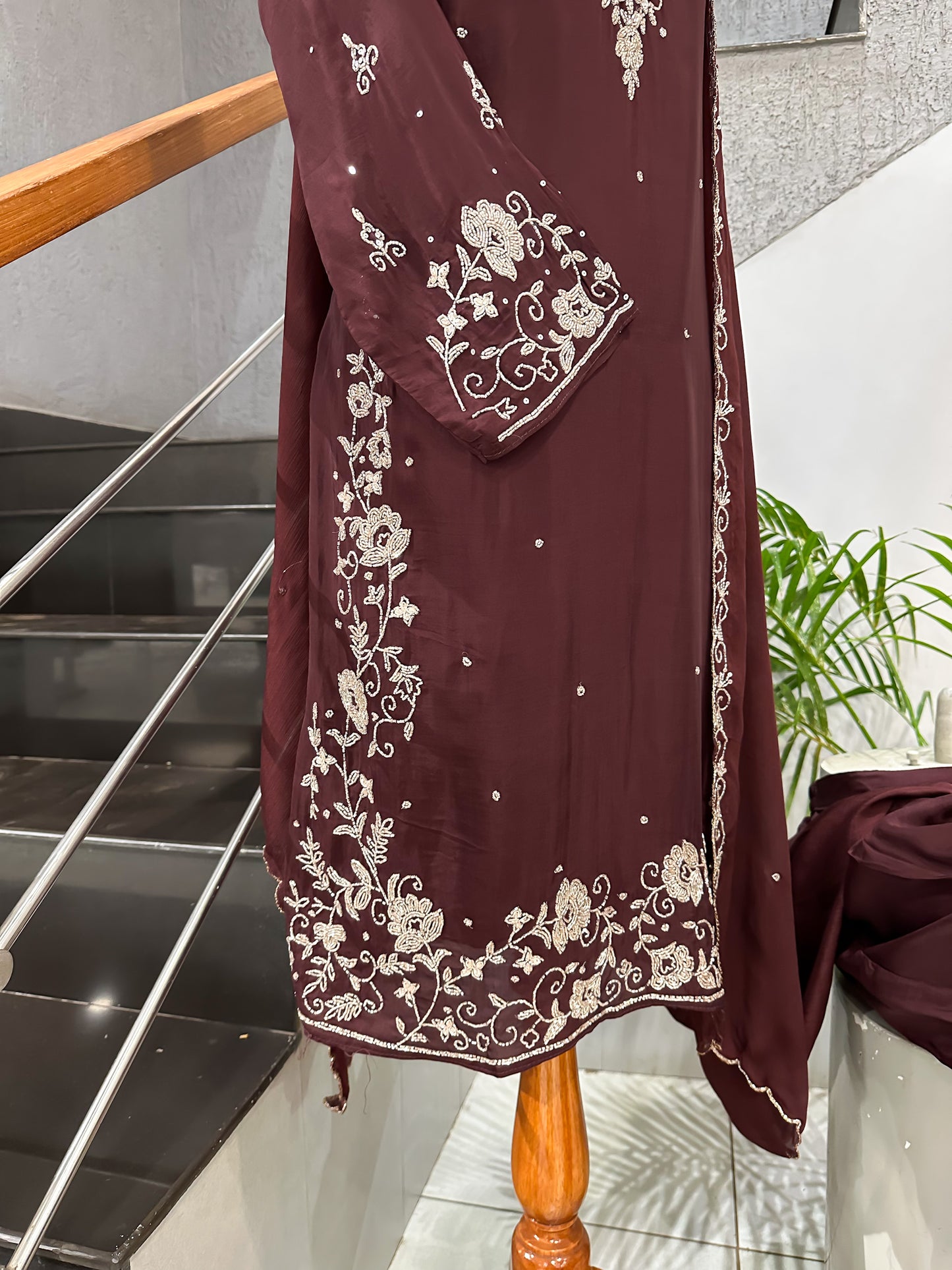 Elegant Maroon Handwork Churidar Set with Plazo & Chinon Dupatta | Party Wear Designer Suit