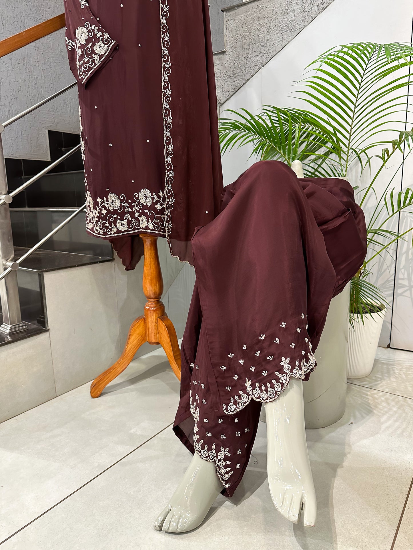 Elegant Maroon Handwork Churidar Set with Plazo & Chinon Dupatta | Party Wear Designer Suit