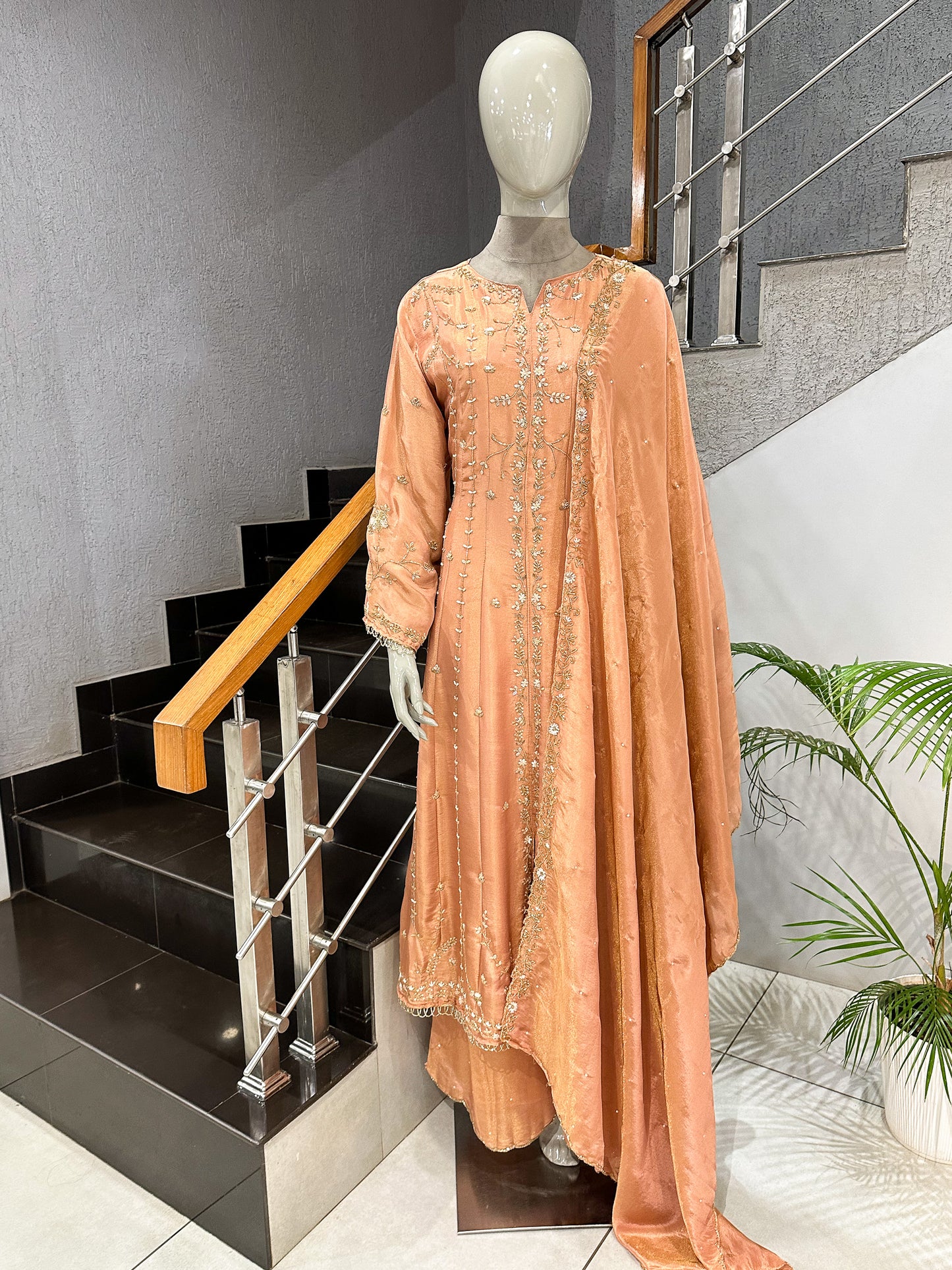 Peach Shimmer Embroidered Salwar Set with Dupatta | Elegant Party Wear
