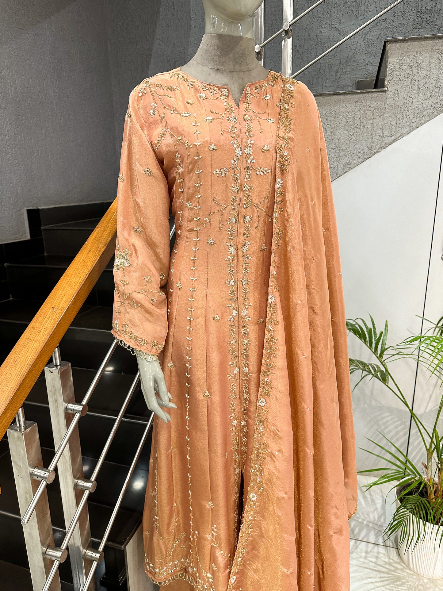Peach Shimmer Embroidered Salwar Set with Dupatta | Elegant Party Wear