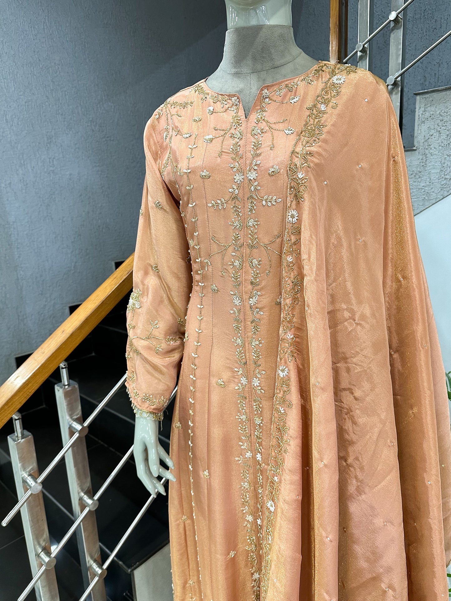 Peach Shimmer Embroidered Salwar Set with Dupatta | Elegant Party Wear