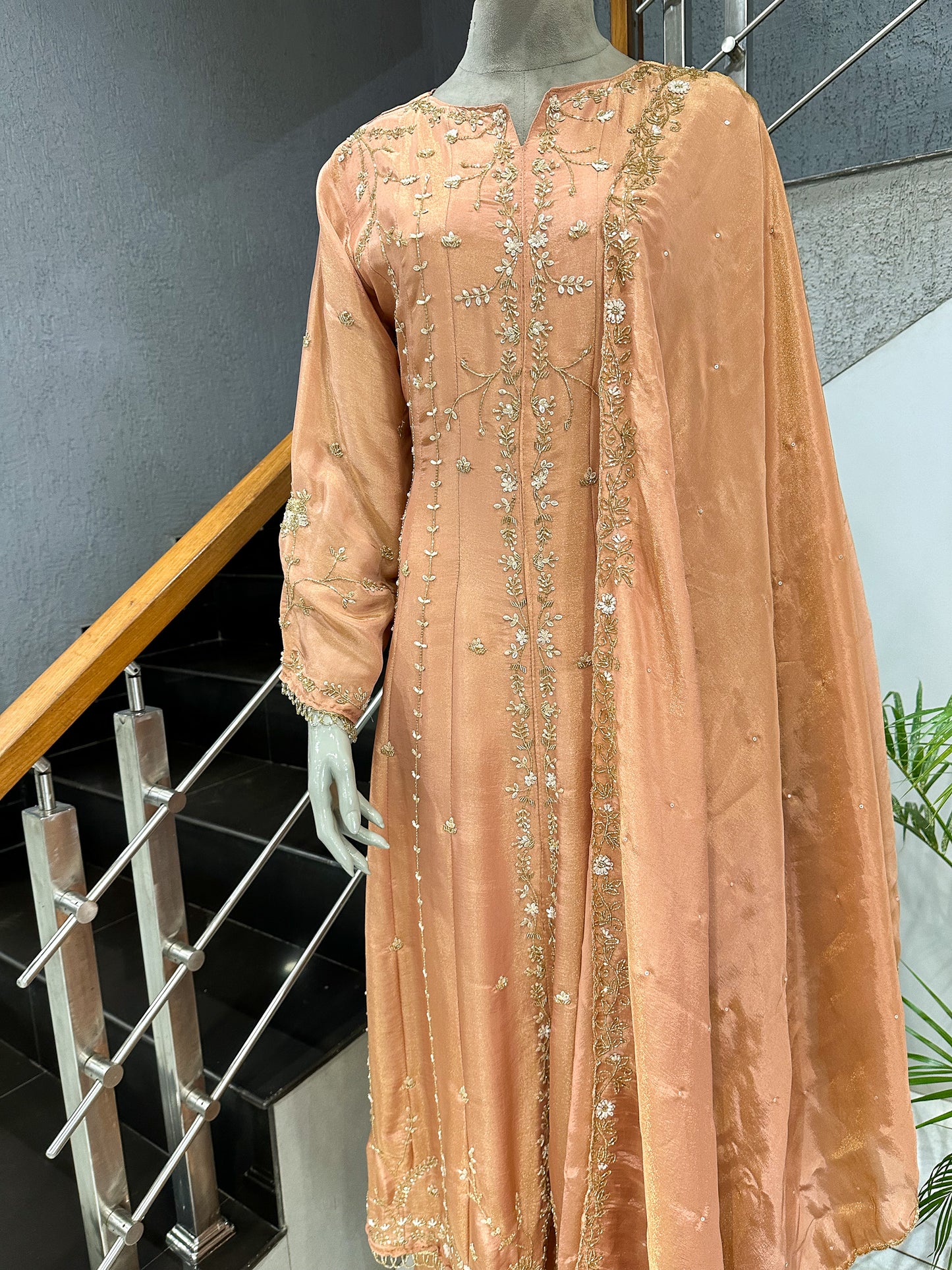 Peach Shimmer Embroidered Salwar Set with Dupatta | Elegant Party Wear