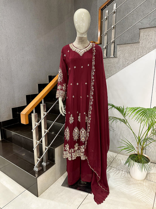 Maroon Chinon Embroidered Anarkali Set with Dupatta | Luxury Party Wear