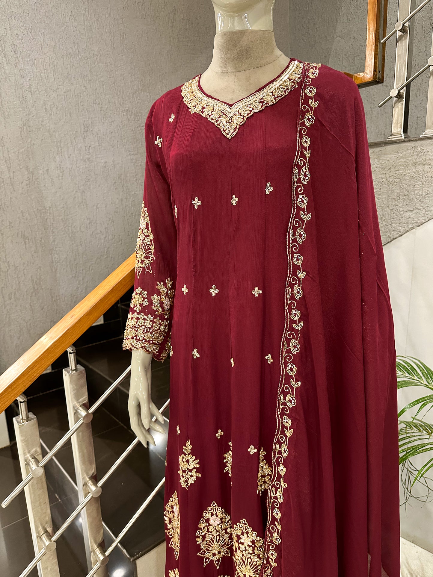 Maroon Chinon Embroidered Anarkali Set with Dupatta | Luxury Party Wear