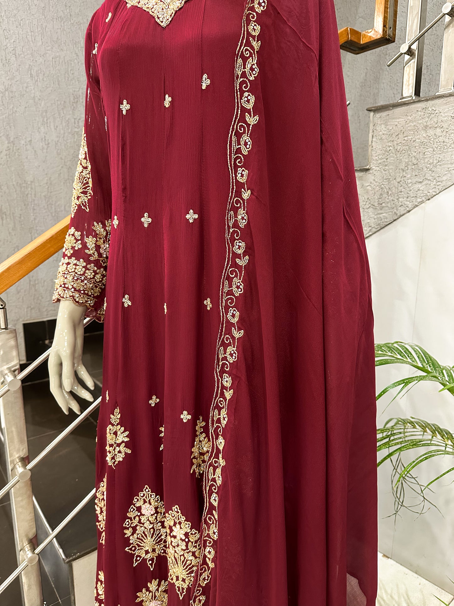 Maroon Chinon Embroidered Anarkali Set with Dupatta | Luxury Party Wear