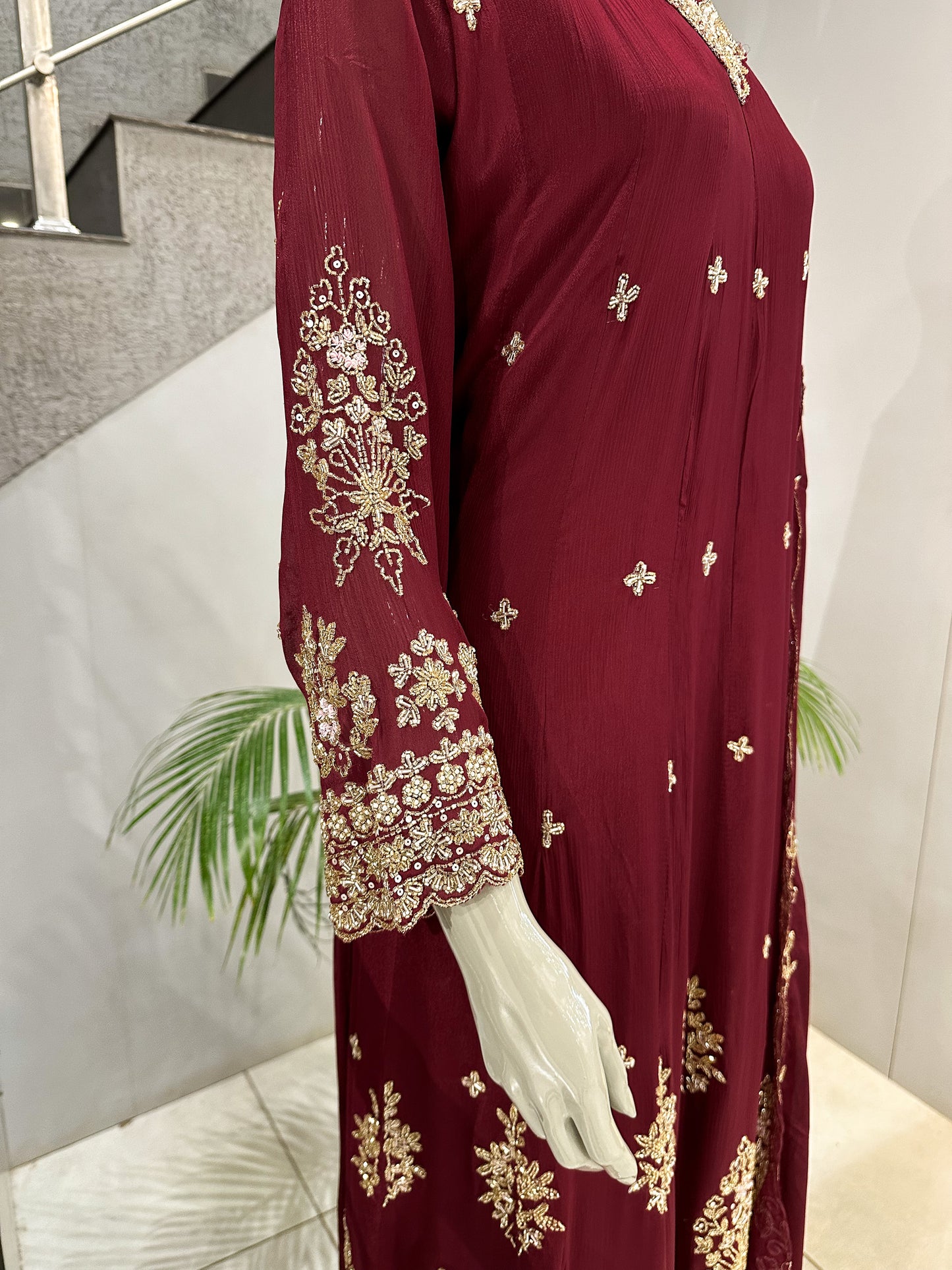 Maroon Chinon Embroidered Anarkali Set with Dupatta | Luxury Party Wear