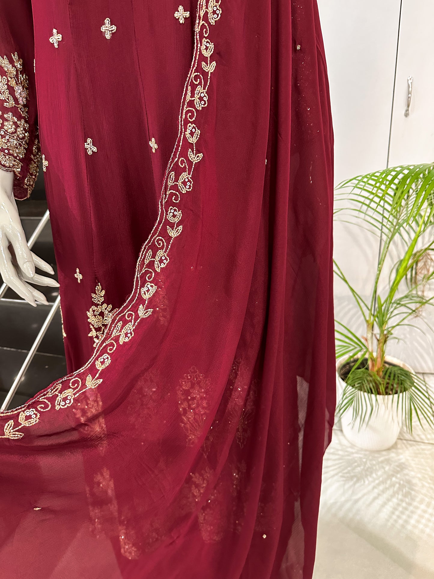Maroon Chinon Embroidered Anarkali Set with Dupatta | Luxury Party Wear