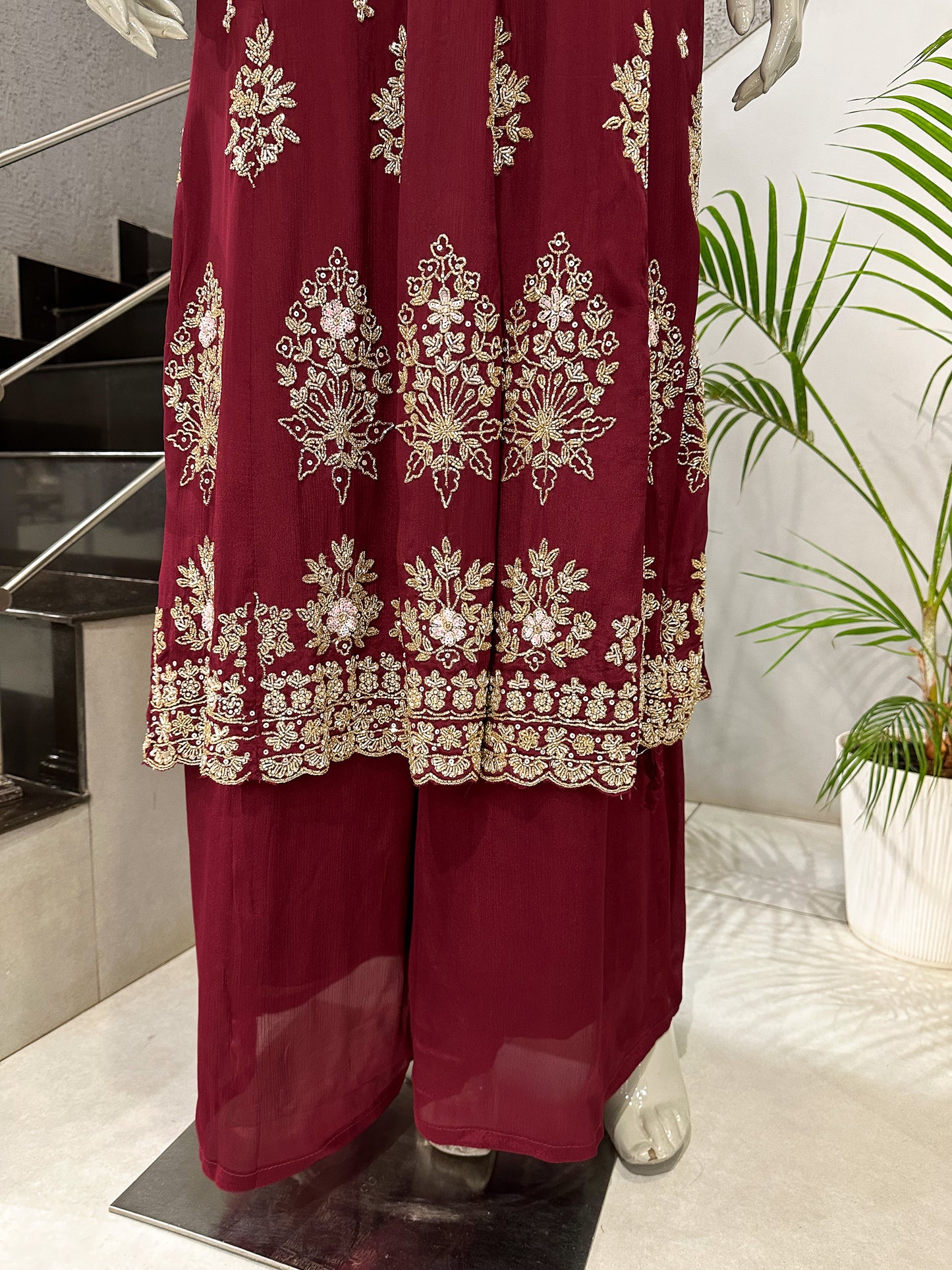 Maroon Chinon Embroidered Anarkali Set with Dupatta | Luxury Party Wear