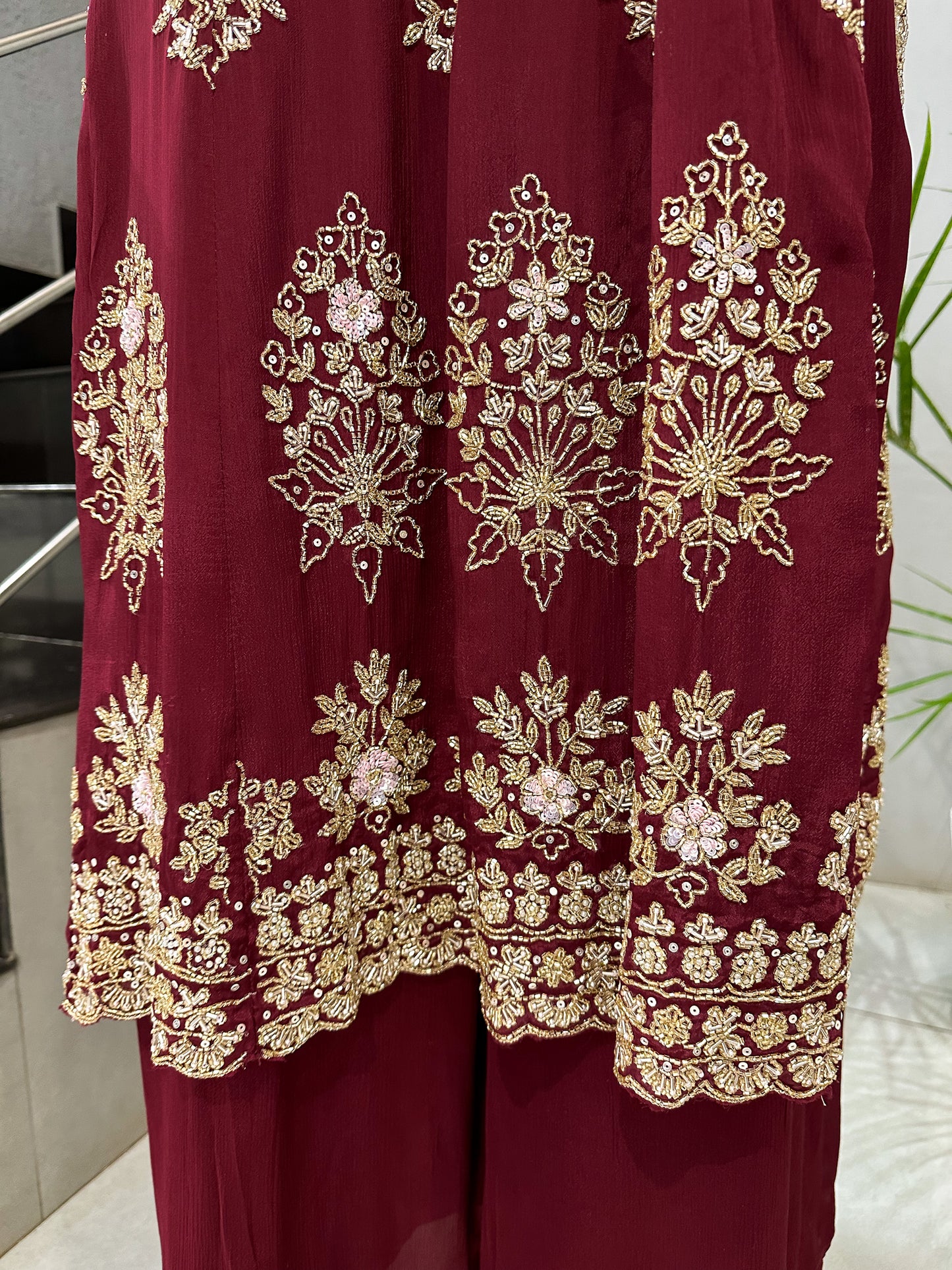 Maroon Chinon Embroidered Anarkali Set with Dupatta | Luxury Party Wear