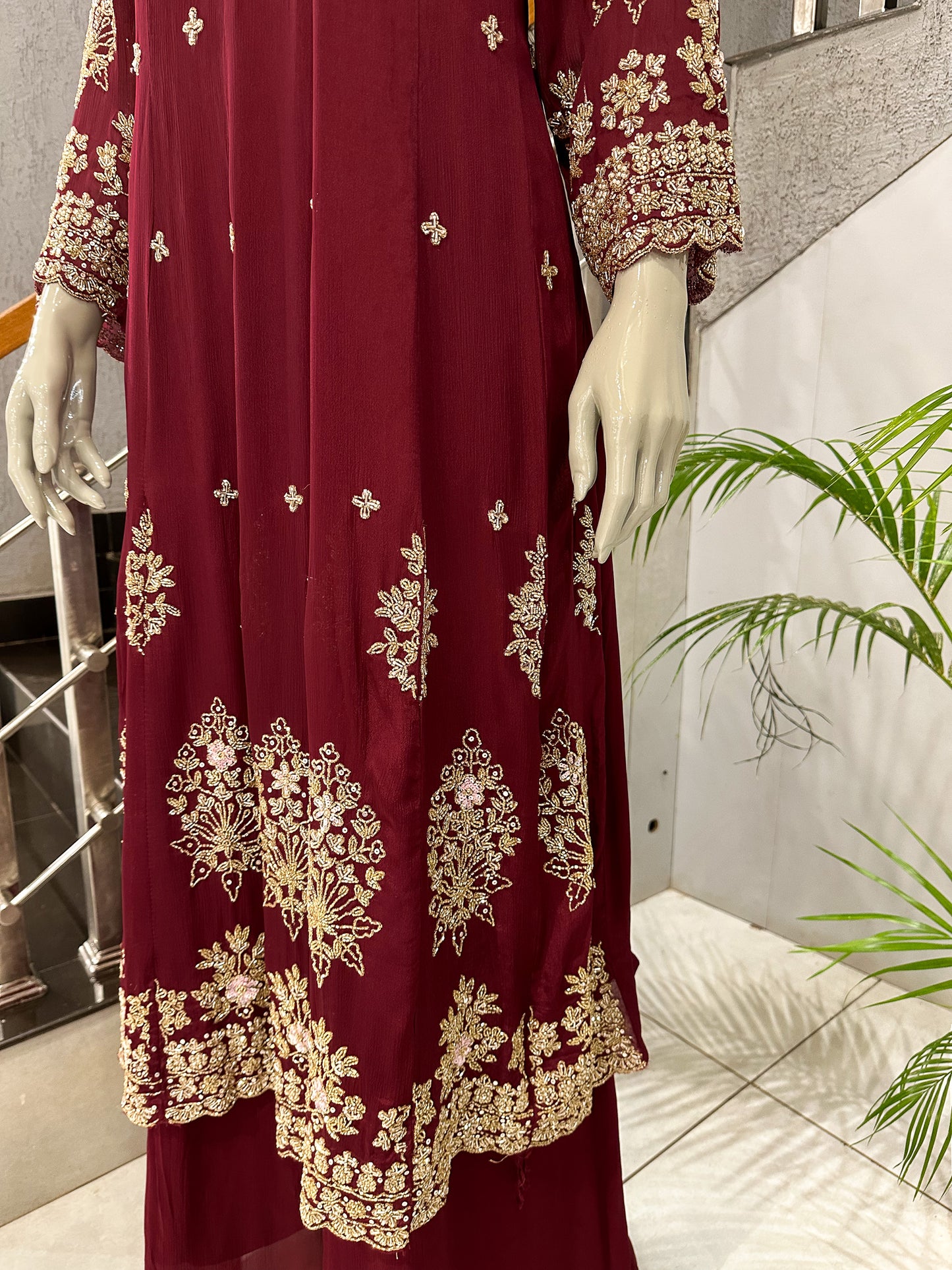 Maroon Chinon Embroidered Anarkali Set with Dupatta | Luxury Party Wear