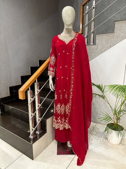 Red Chinon Embroidered Anarkali Set with Dupatta | Bridal & Party Wear