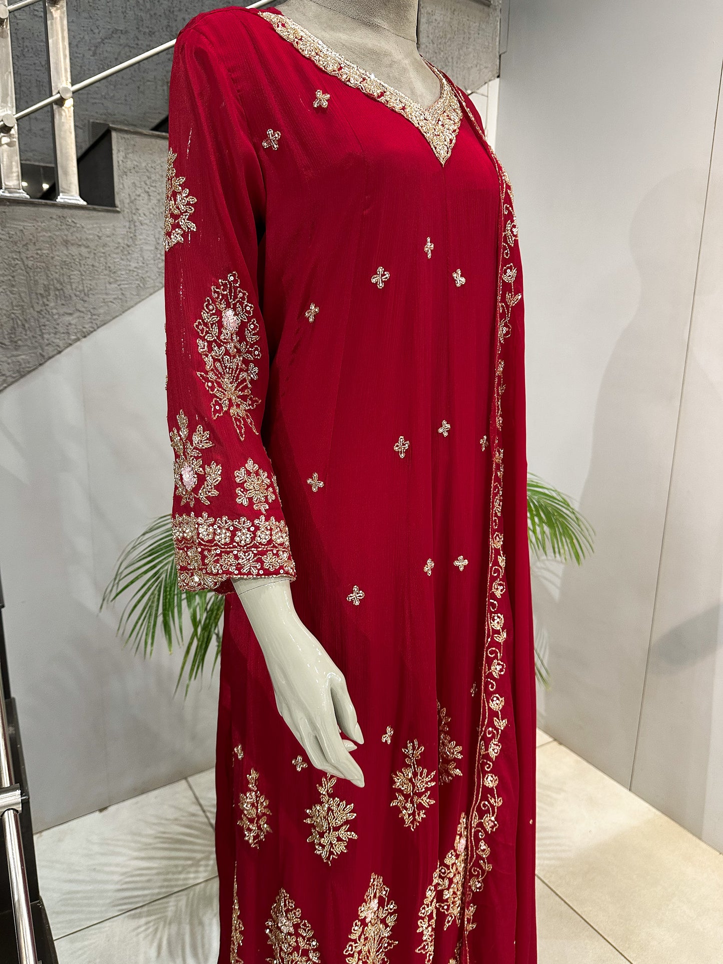 Red Chinon Embroidered Anarkali Set with Dupatta | Bridal & Party Wear