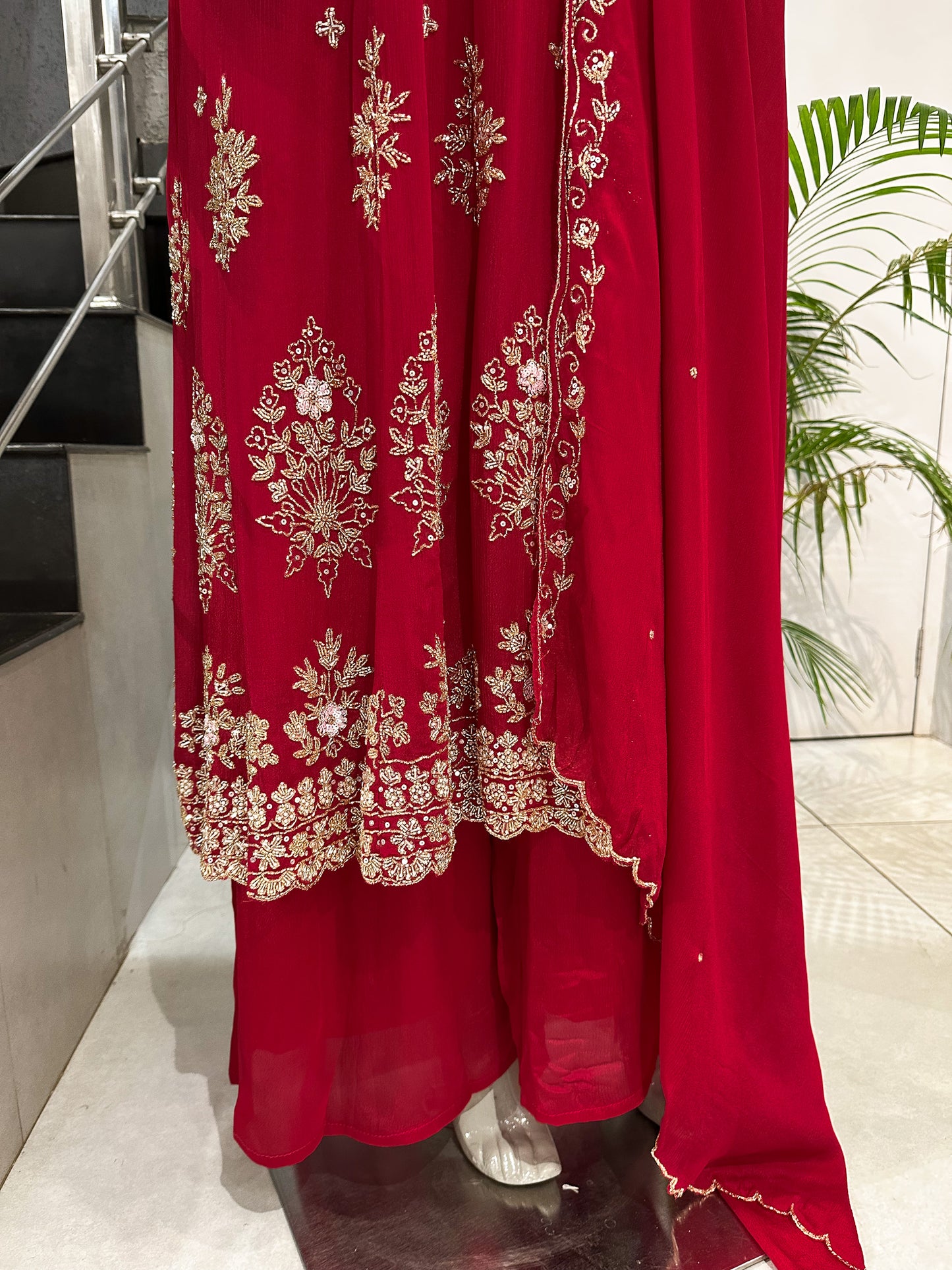 Red Chinon Embroidered Anarkali Set with Dupatta | Bridal & Party Wear