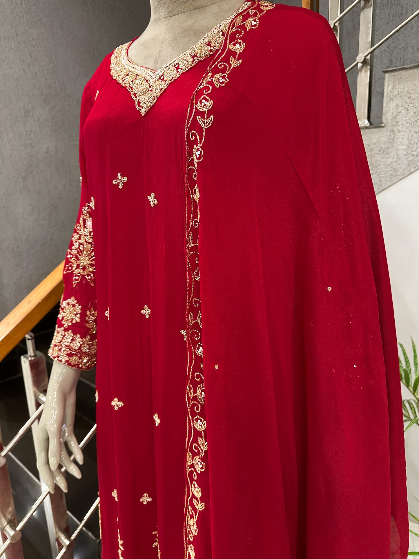 Red Chinon Embroidered Anarkali Set with Dupatta | Bridal & Party Wear