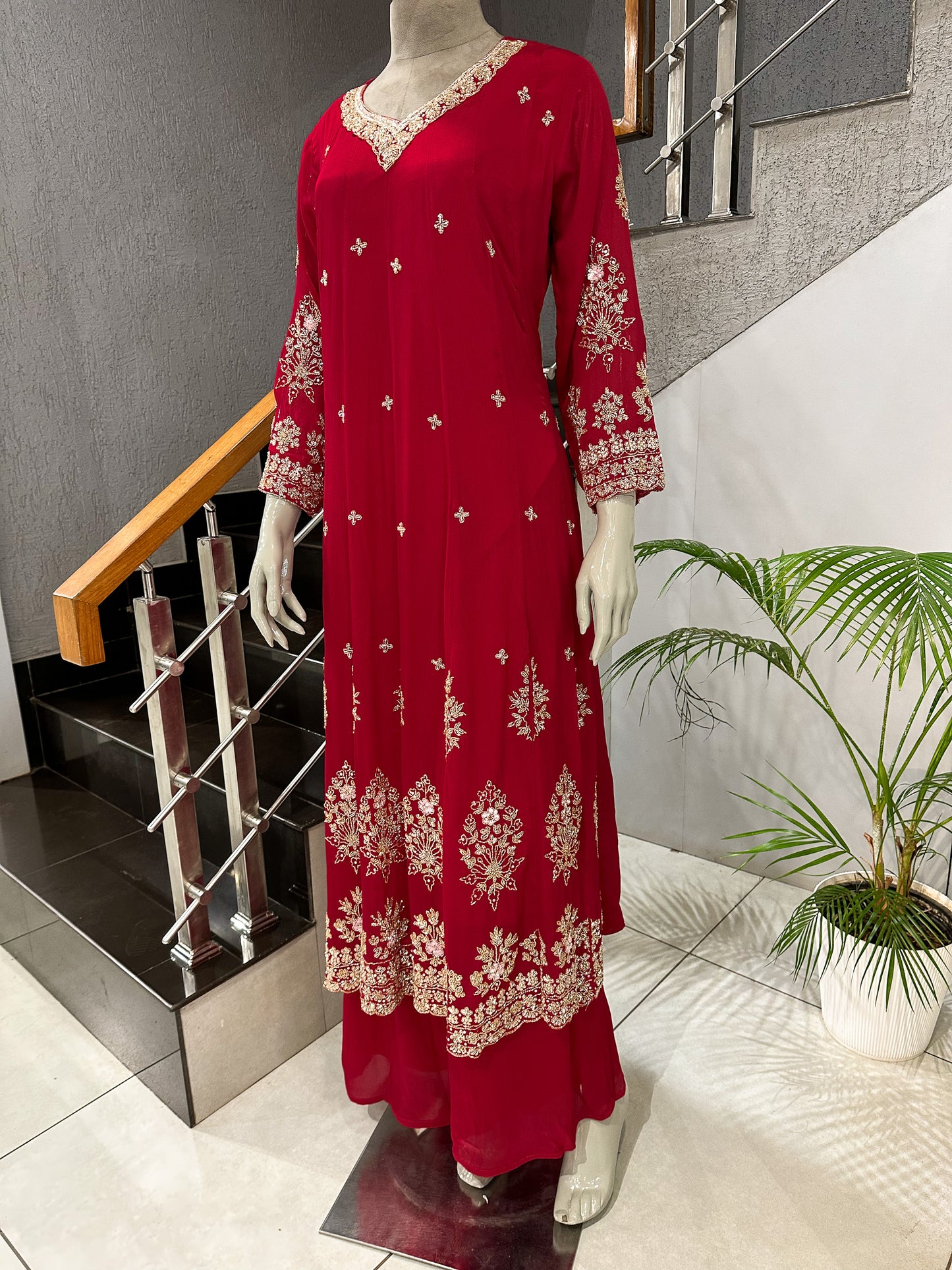 Red Chinon Embroidered Anarkali Set with Dupatta | Bridal & Party Wear