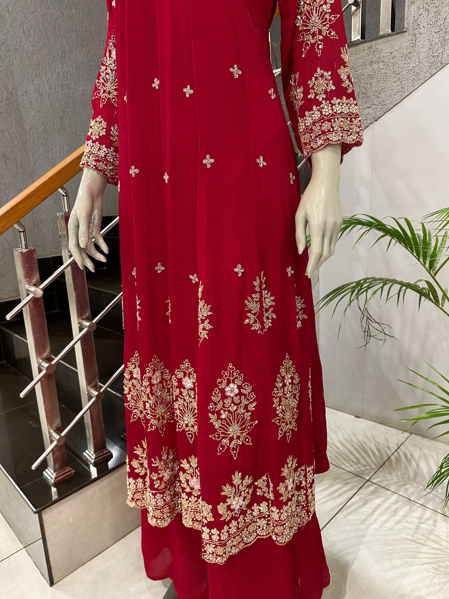 Red Chinon Embroidered Anarkali Set with Dupatta | Bridal & Party Wear