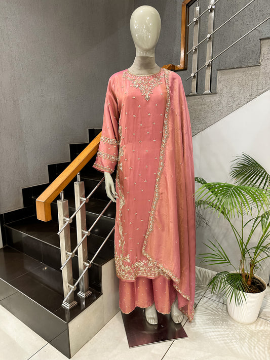Dusty Rose Shimmer Embroidered Churidar Set with Plazo & Dupatta | Party Wear