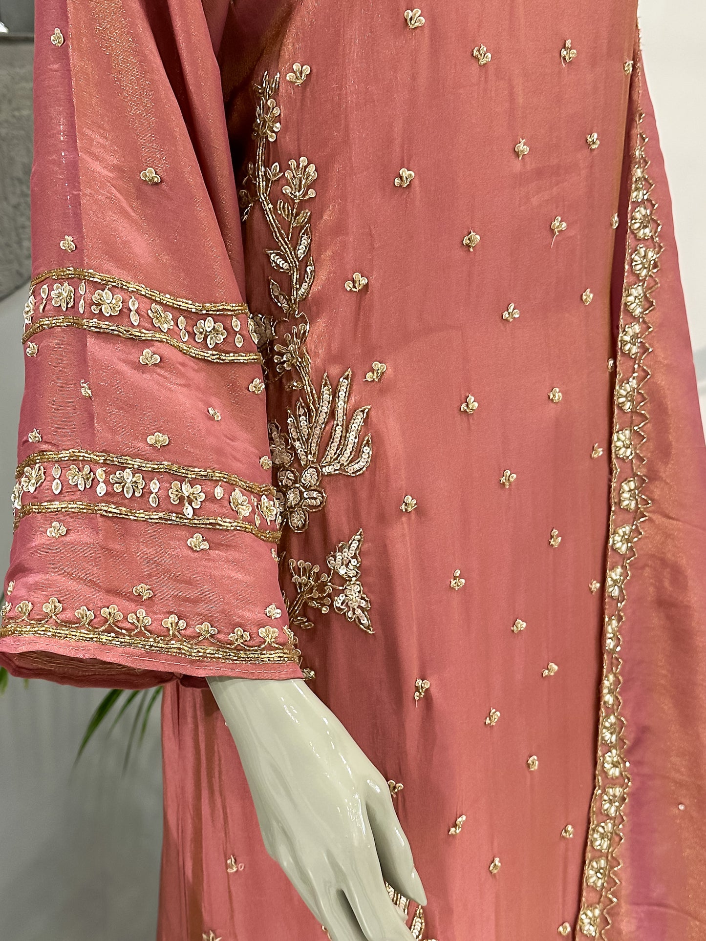 Dusty Rose Shimmer Embroidered Churidar Set with Plazo & Dupatta | Party Wear