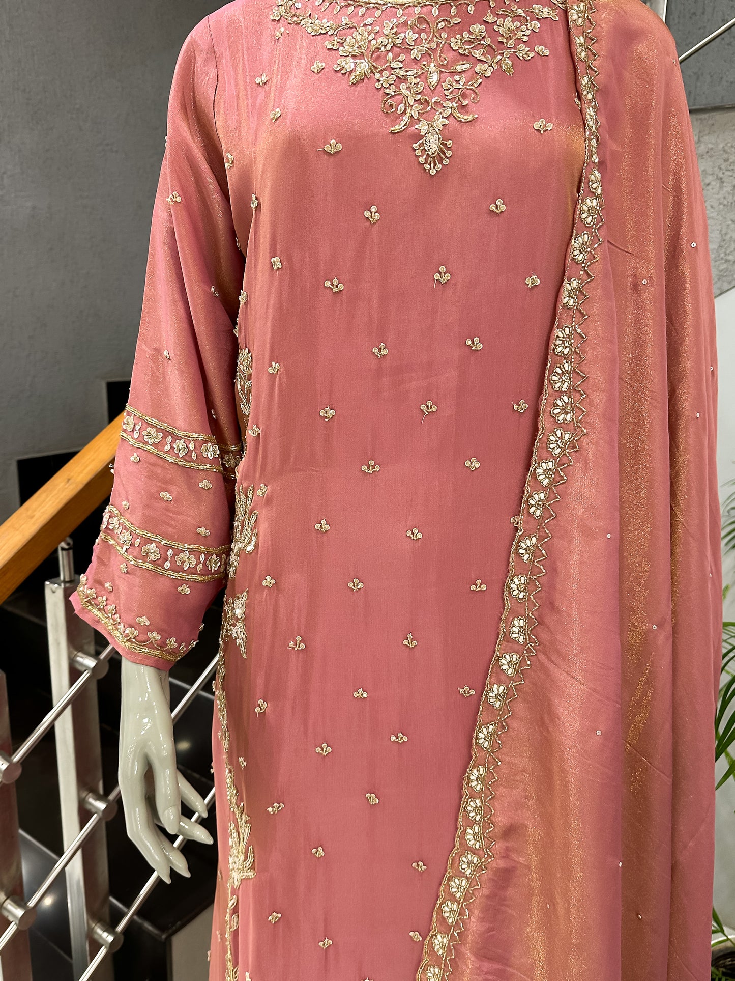 Dusty Rose Shimmer Embroidered Churidar Set with Plazo & Dupatta | Party Wear