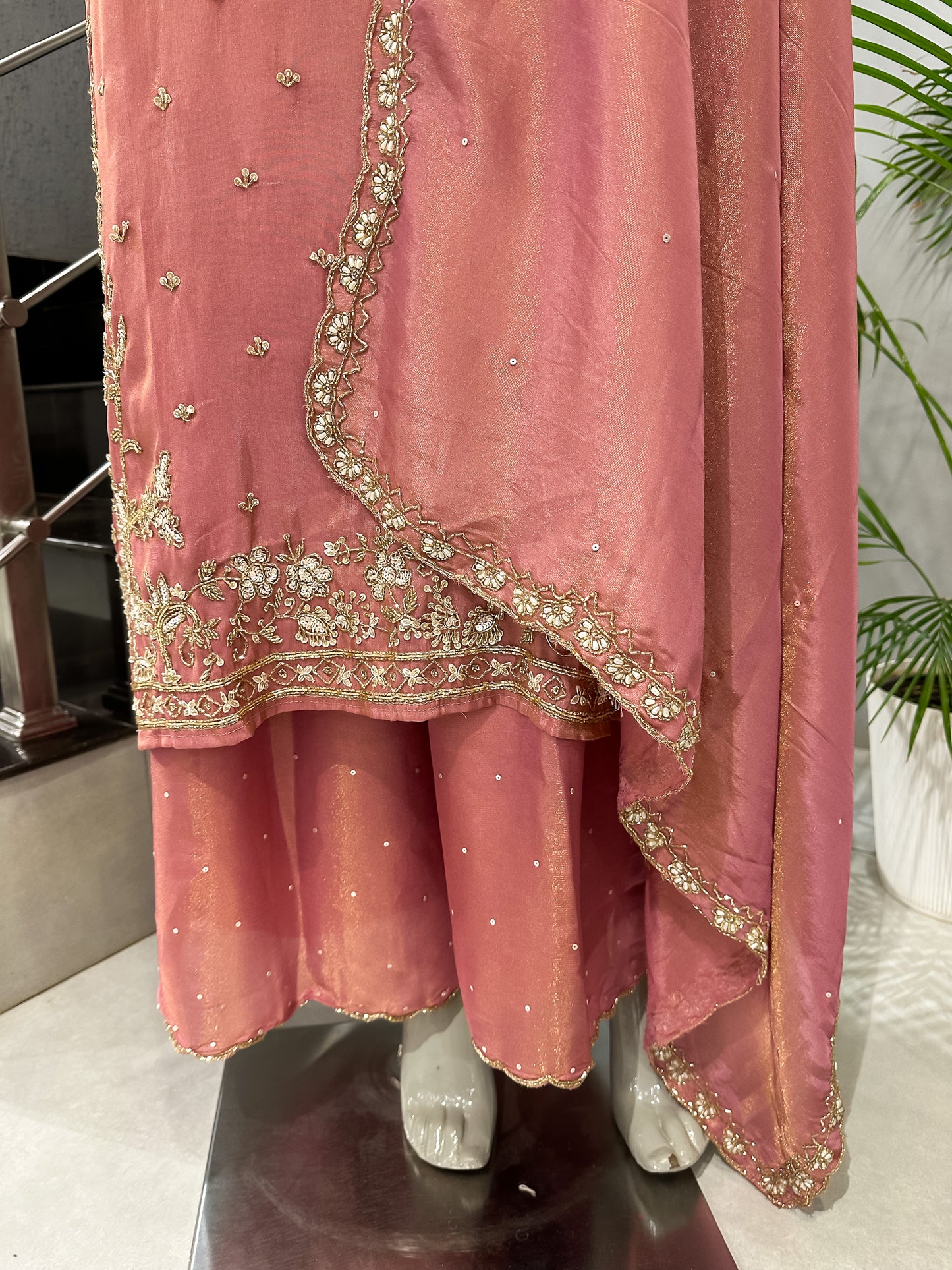 Dusty Rose Shimmer Embroidered Churidar Set with Plazo & Dupatta | Party Wear