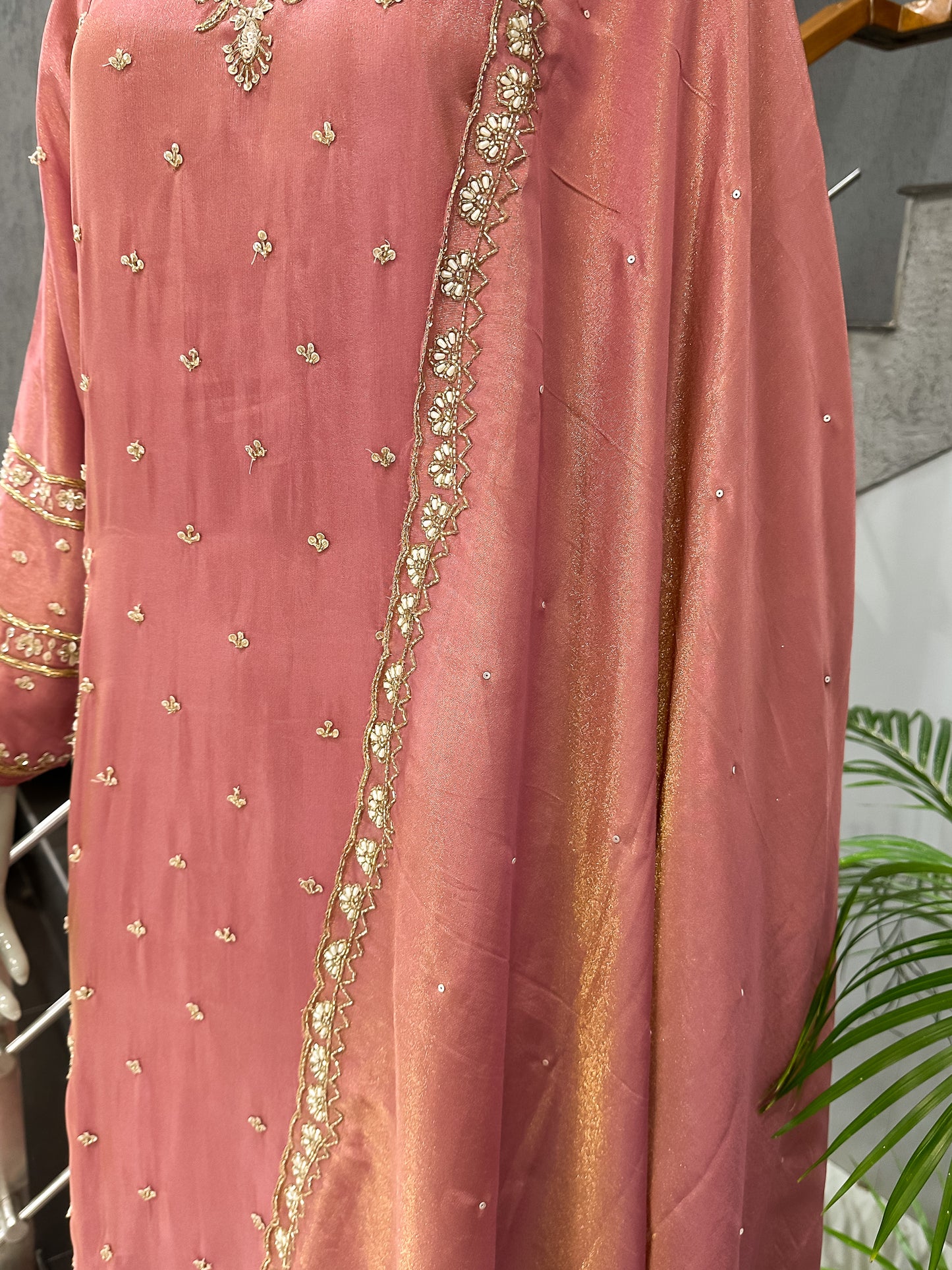 Dusty Rose Shimmer Embroidered Churidar Set with Plazo & Dupatta | Party Wear