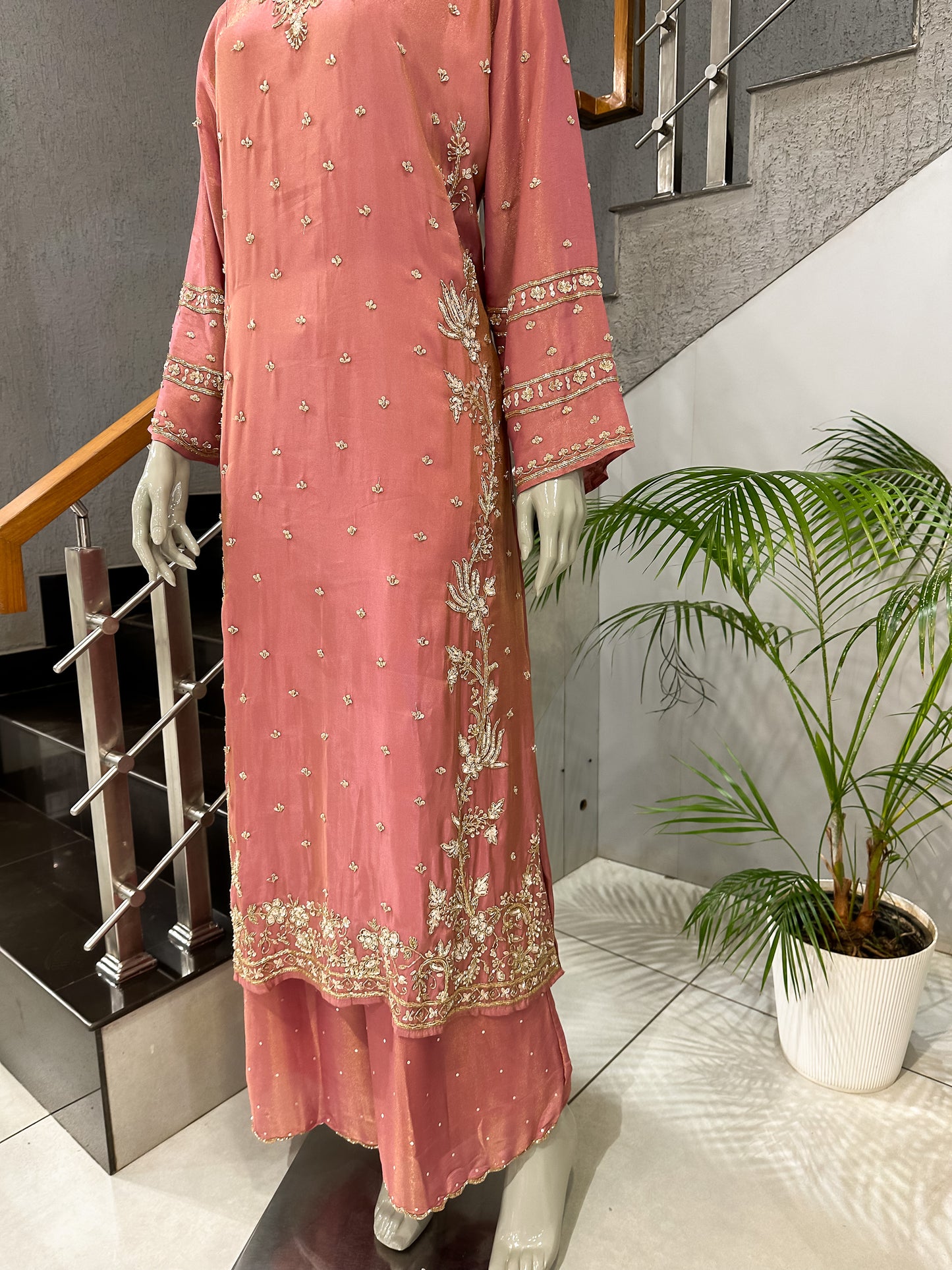 Dusty Rose Shimmer Embroidered Churidar Set with Plazo & Dupatta | Party Wear