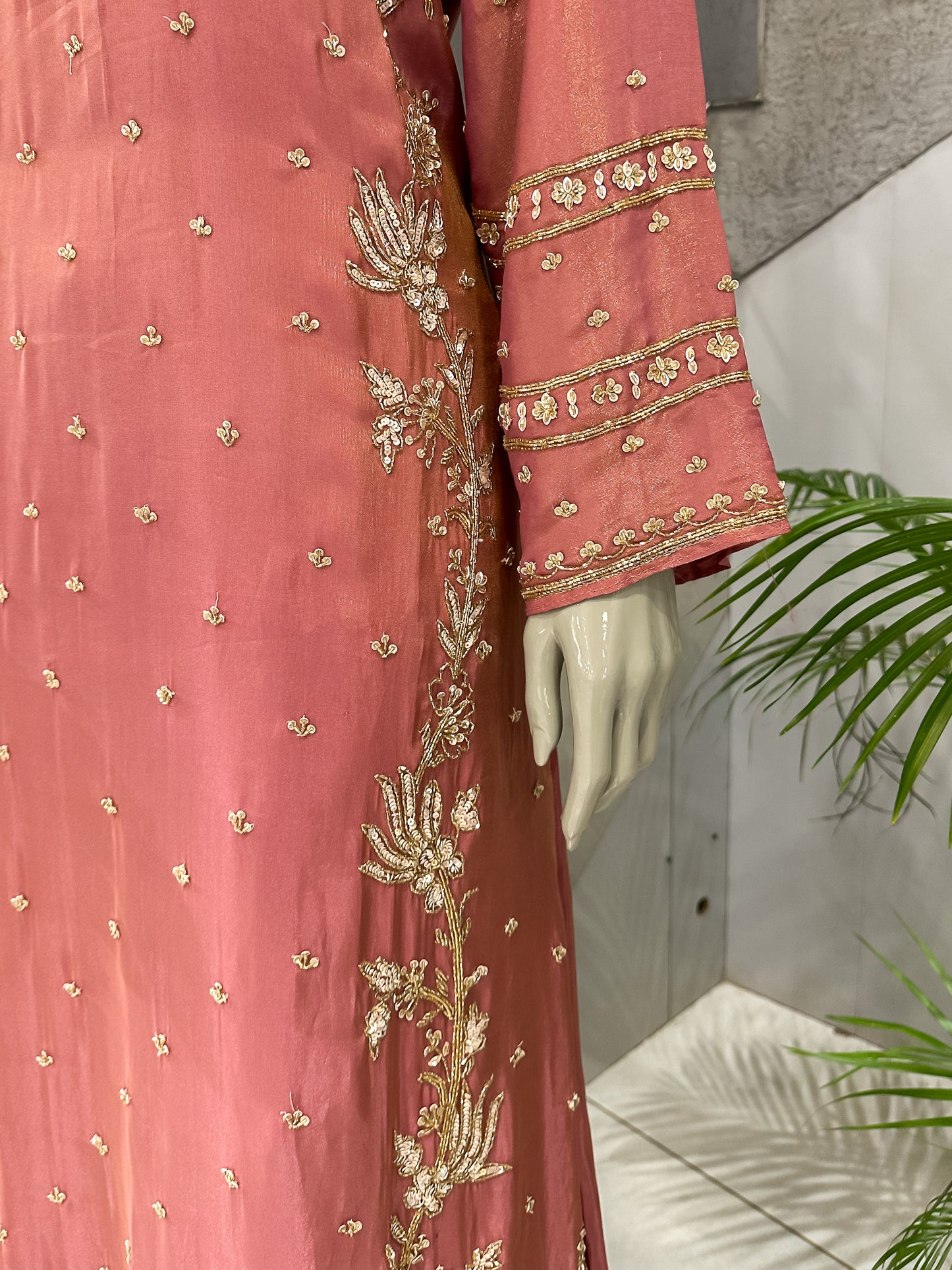 Dusty Rose Shimmer Embroidered Churidar Set with Plazo & Dupatta | Party Wear